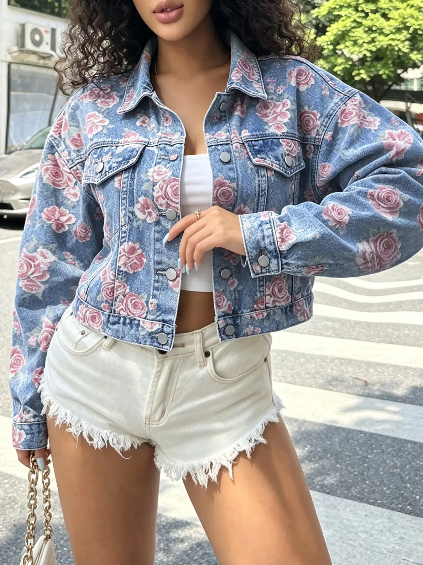 Women's Floral Print Denim Jacket, Y2K Style Front Button Design, Fashionable Trendy Coat, Fit, Perfect for Casual Wear, Ideal for Spring and Fall