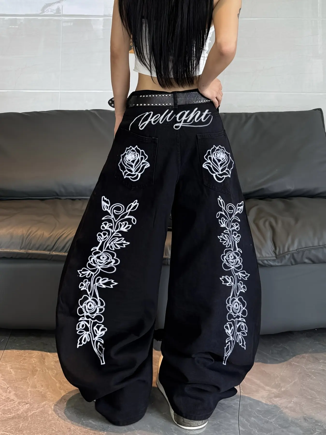 Women's High-Waisted Jeans, American Street Style Embroidered Letter Flowers, Casual Retro Flared Bell Bottoms, All Seasons, No Belt Included