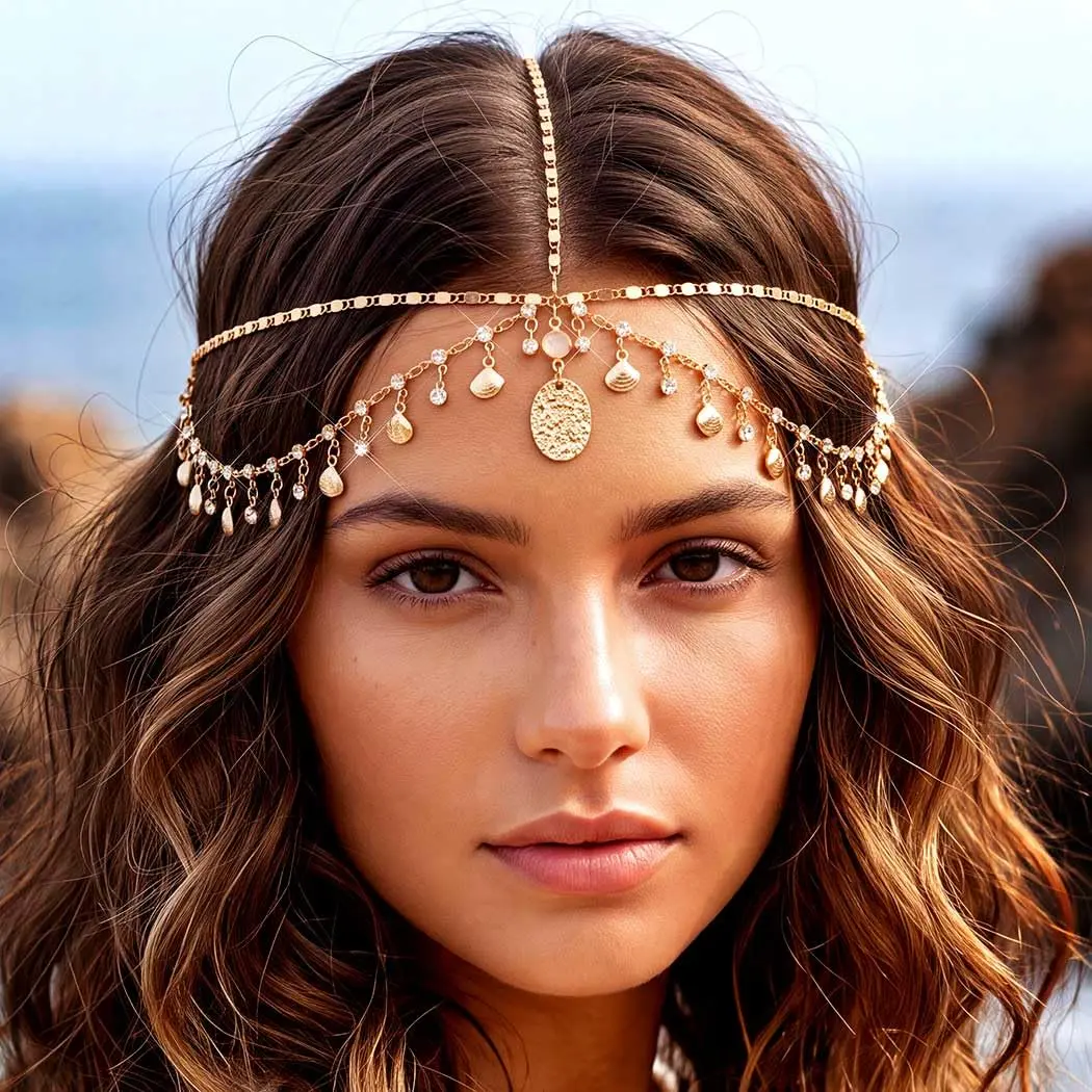Chain  Boho Headpiece Sea Shell Headband for Women | Rhinestone   Festival   Forehead Headdress Costume Chain Accessories