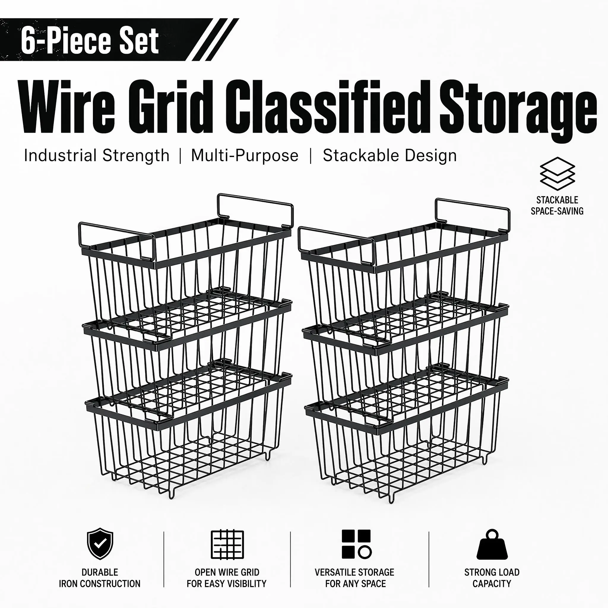 Stackable Wire Storage Baskets with Pull Handle - 4-Pack, 6-Pack Optional, Metal Frame, Wire Grid, Rectangular Chest Freezer Organizer for Kitchen Cabinets