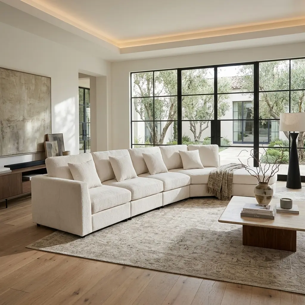 ARCH Modern 5-Seater Curved Modular Sectional Sofa, 160.4" Oversized Chenille Couch with Solid Wood Frame, Deep Seat Cloud Sofa with 4 Throw Pillows for Living Room, Beige, Beige Color Options, Chenille Material, 5 Seat Seat Count
