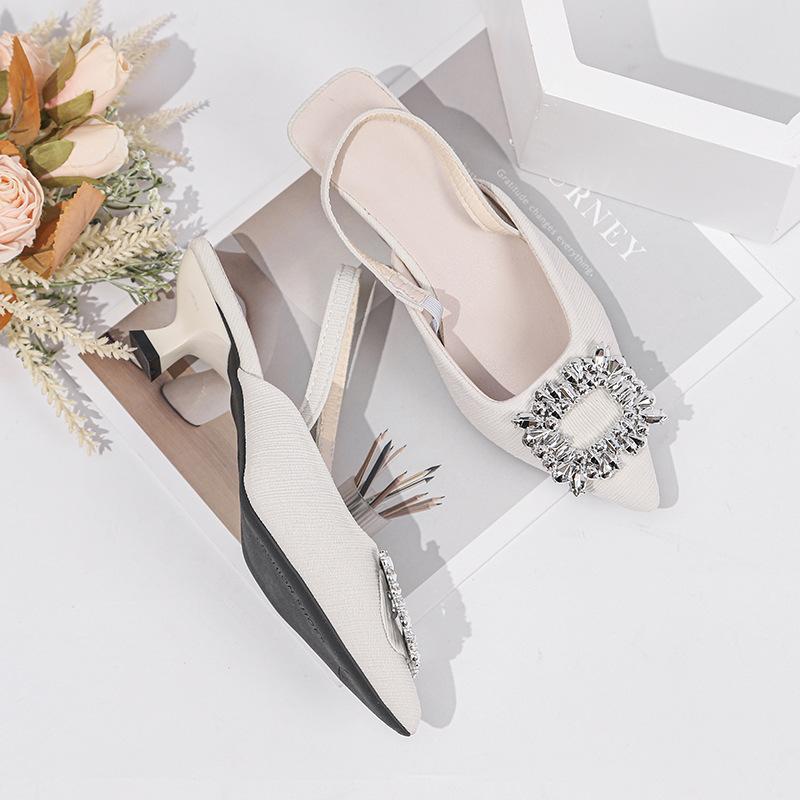 Women Summer Sandals with Rhinestone Square Buckle Fairy Style Open Back French Style Thin High Heel Pointed Toe Shoes