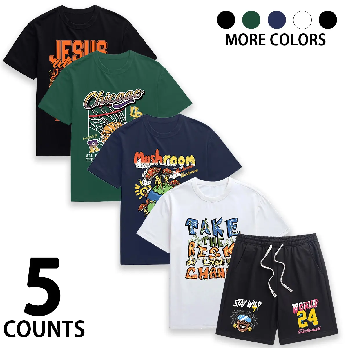 Men's 5-Piece Vintage Graffiti Print Streetwear Variety Set - Polyester Round Neck Shortsleeve T-Shirt, Drawstring Graphic Shorts, Stylish Chic Soft Breathable Menswear for Hip-Hop Summer Daily Casual Outfits