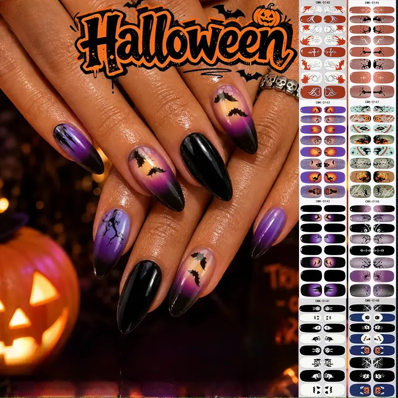 Glow in The Dark UV-Free Gel Nail Wraps, No Lamp Needed Halloween Dark Gothic Nail Strips, Self-Adhesive Gel Nail Stickers for DIY Salon-Quality Halloween Manicure  >