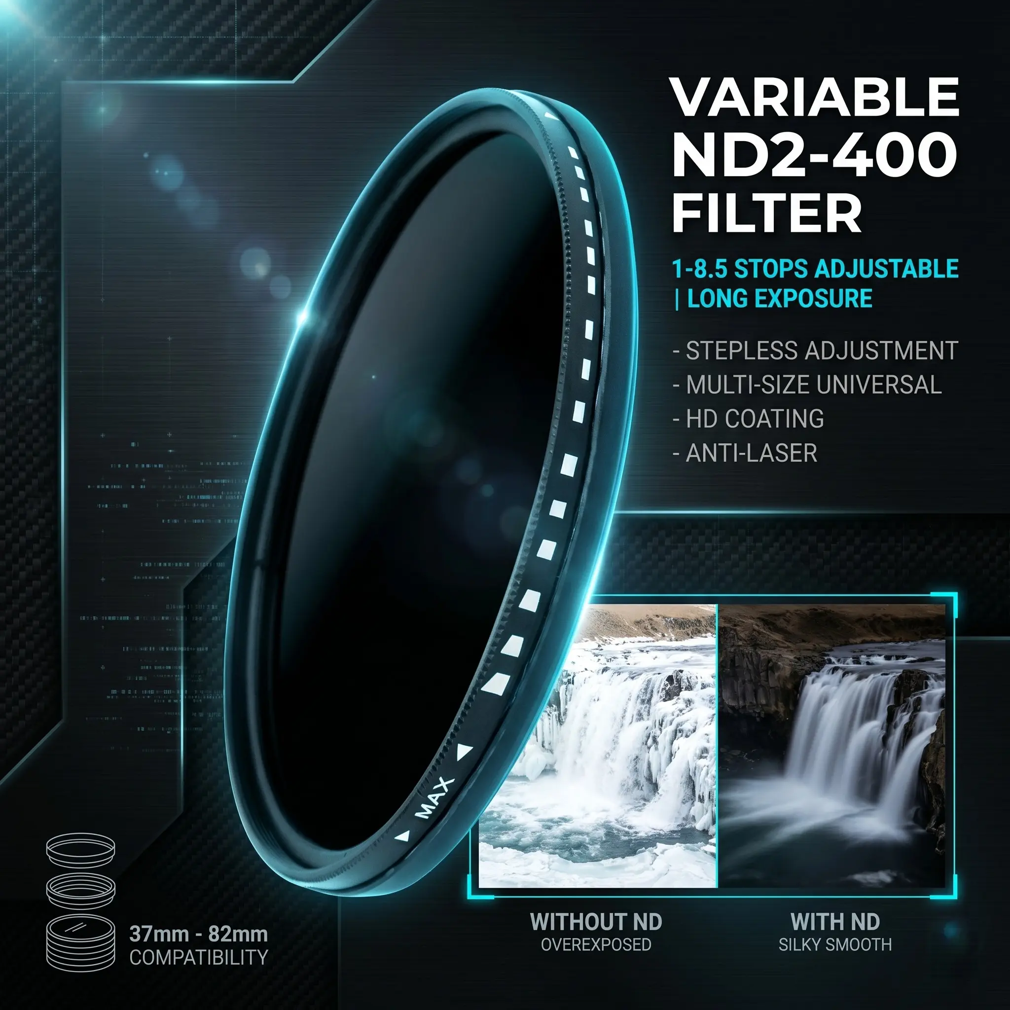 Adjustable Neutral Density Filter Nd2-400, 1-8.5 Stops, Laser Protection, Slow Shutter, Landscape Photography, 37-82mm Sizes, Camera Accessories, Nd Filters