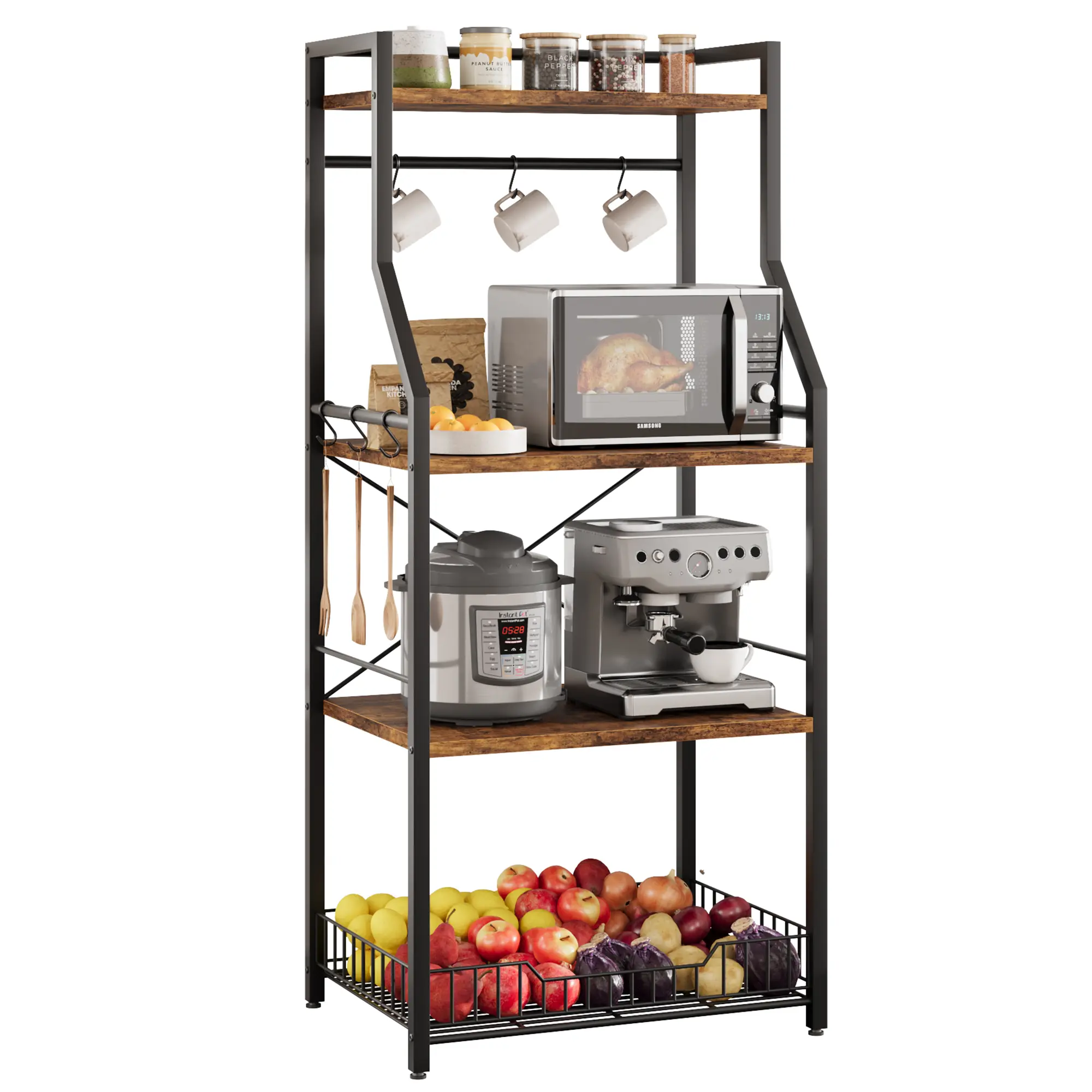 4-Tier Kitchen Bakers Rack with Microwave Stand, Rustic Brown Steel Storage Shelf. Includes Wire Basket & 8 Hooks. For Small Kitchen, Pantry, Coffee Bar. Sturdy, Anti-Tip, Adjustable Feet. Easy Assembly Home Organizer