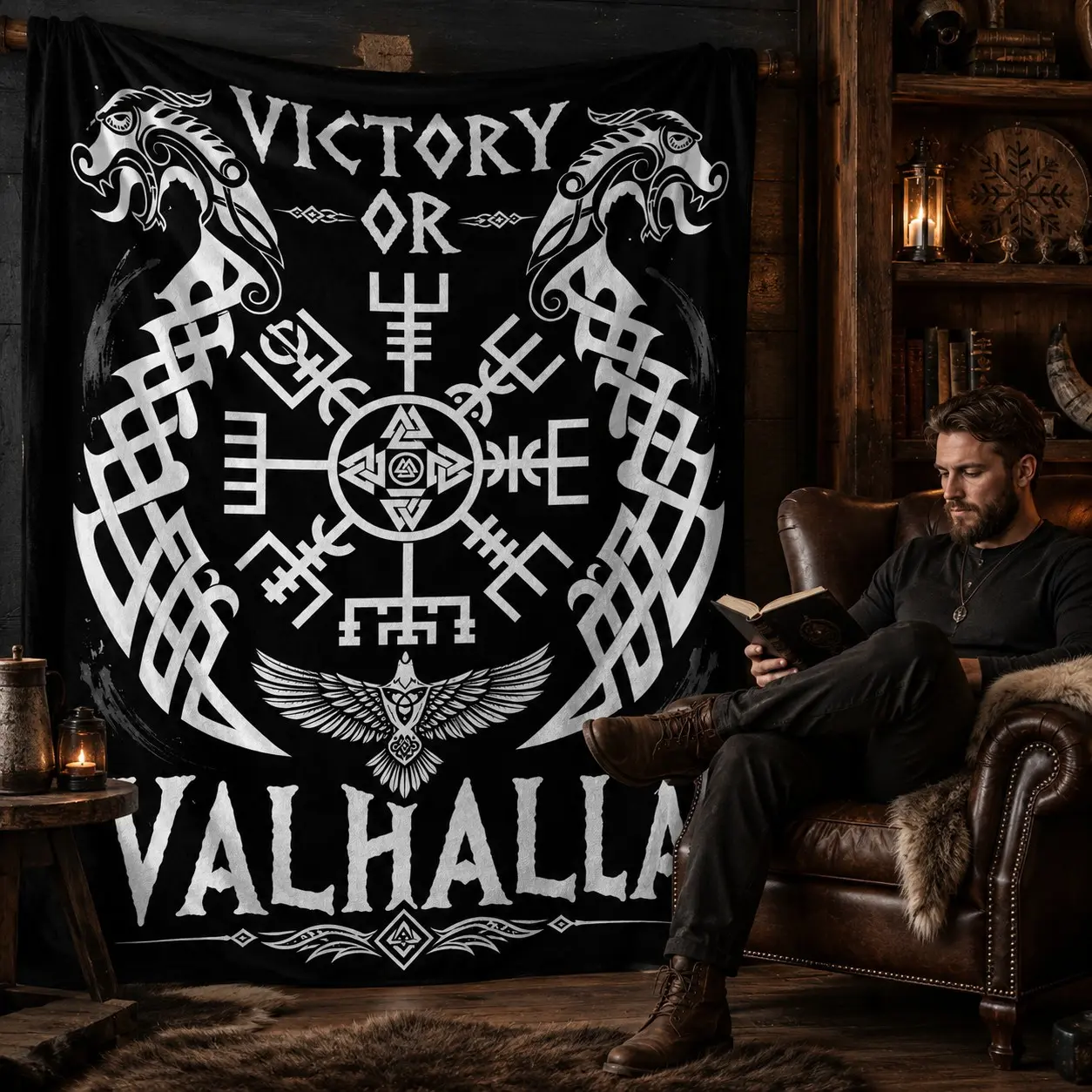 Victory or Valhalla Viking Flannel Blanket, Soft Plush Throw, Norse Rune Axe Dragon Raven Print, Printed Flannel Blanket, Cozy Nordic Warrior Blanket for Sofa Bed Nap Travel Gift