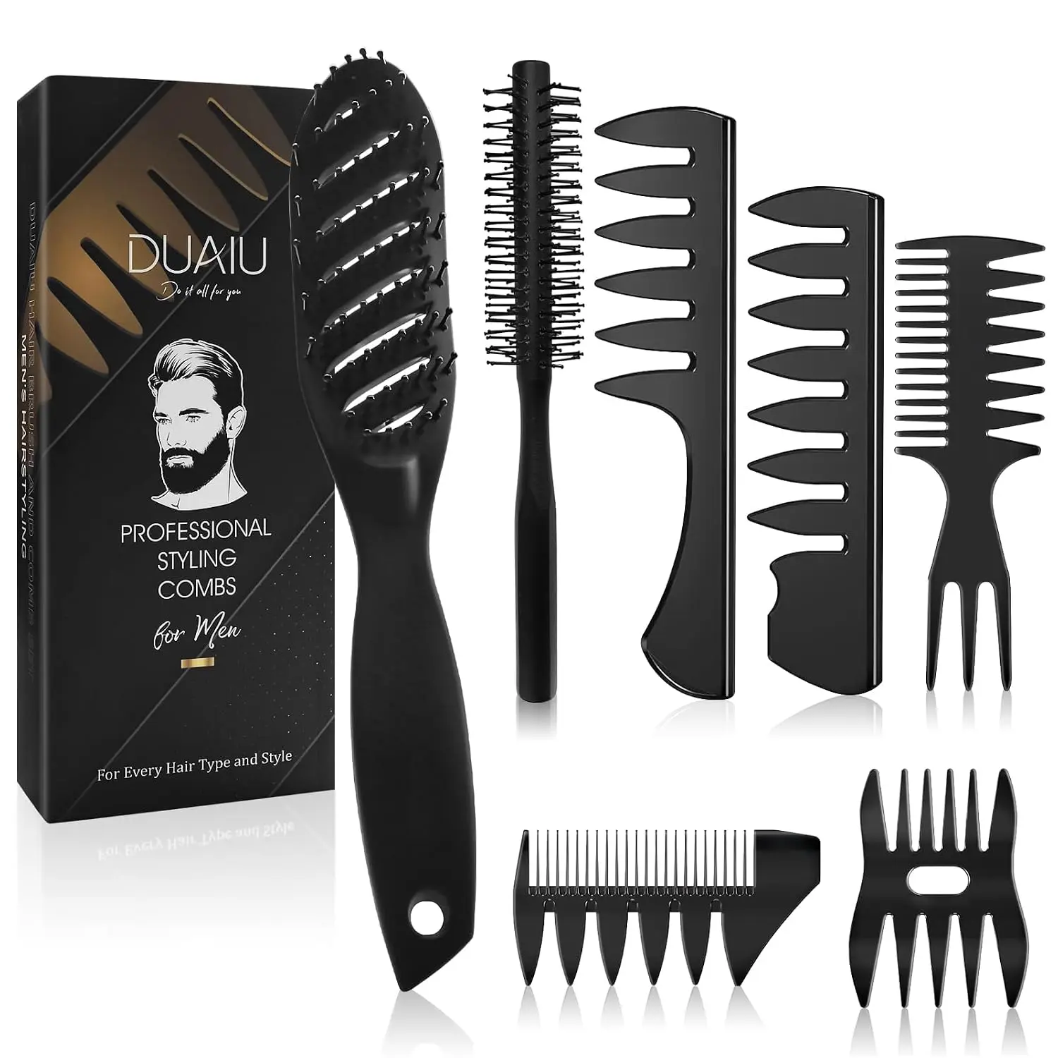 Hair Brush for Men, DUAIU 7Pcs Combs for Men, Hair Styling Comb Set with Vent Hair Brushes, Quiff Round Hair Brush, Wide Tooth Combs, Texture Comb for Blow Drying, Detangling, Grooming, Hairdressing : Beauty & Personal Care