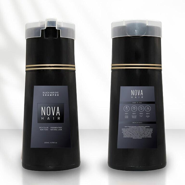 Nova Hair Instant Dye Shampoo - Safe Natural Haircare Solution for At-Home Use, Gray Coverage, Scalp Nourishment, Purple-Black Color for All Types
