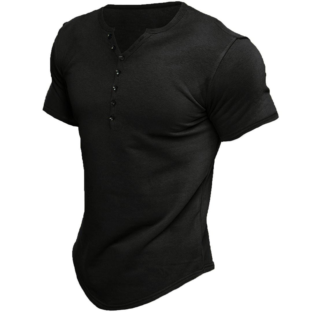 Summer Men's Henley Shirt Short Sleeve Solid Color Button T-Shirt Top
