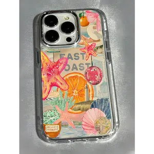 1pc Metal Frame Transparent Orange Starfish Shell Pattern Phone Case, Suitable For IPhone 16 Pro Max, 17/16/15/14 Plus, 13/12/11, Air