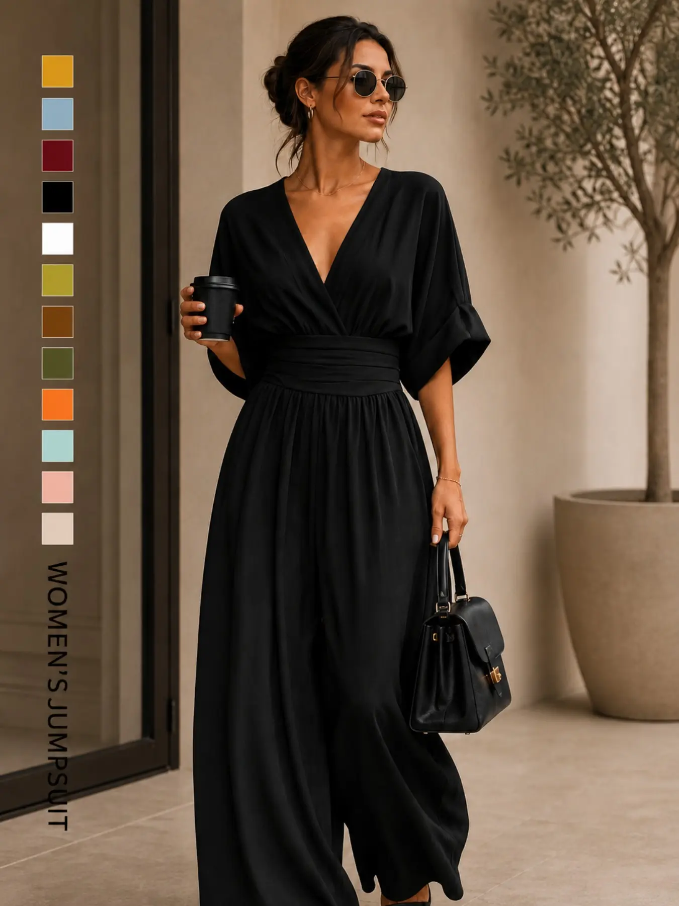 European Style V-Neck Jumpsuit, Adjustable Waist Belt, Bubble Sleeves, High-Waisted Wide Leg, Loose Fit, Breathable, Versatile
