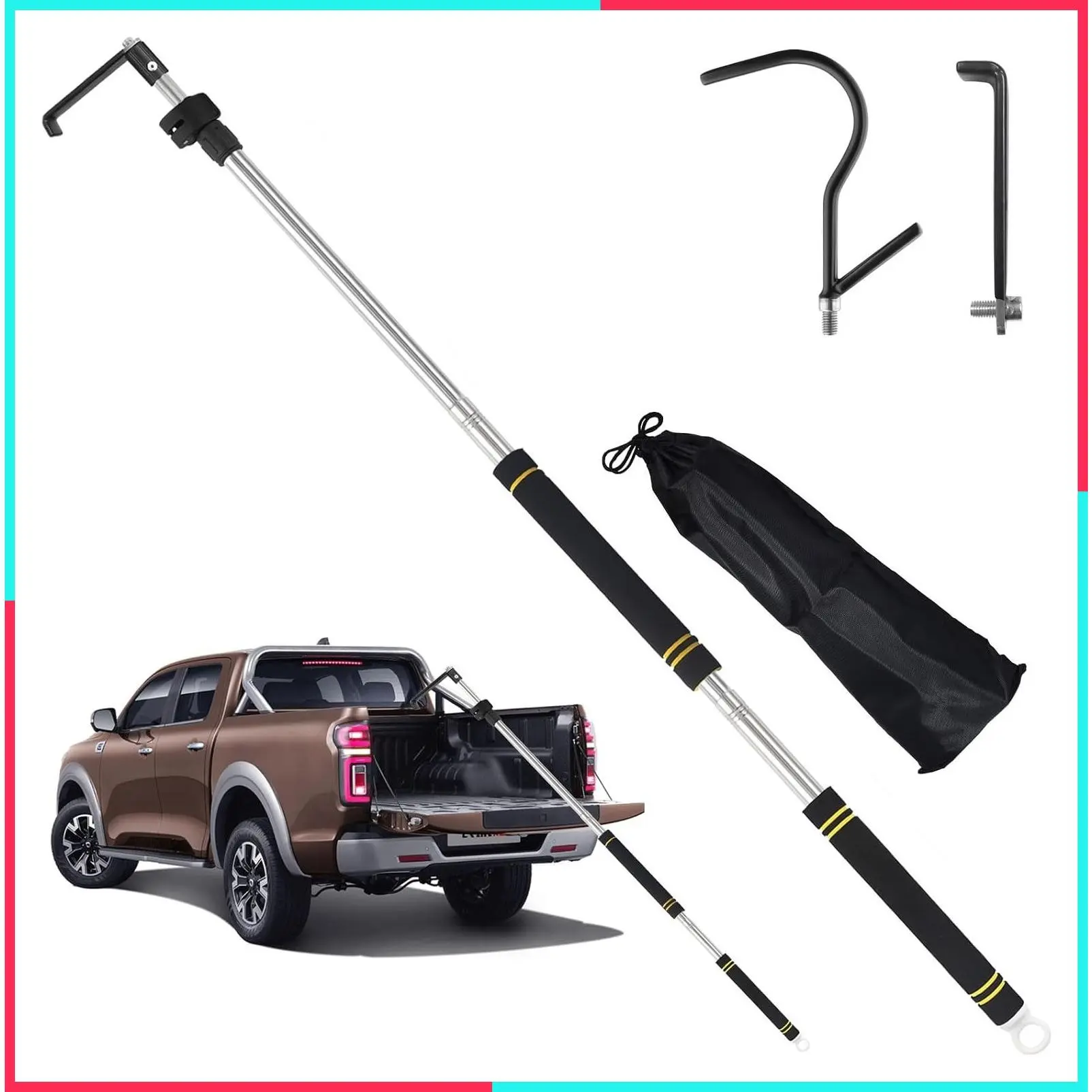 Pickup Truck Bed Cargo Grabber Tool, Thickened Stainless Steel Telescopic 33-74 Inch Reach Retriever, Wear-Resistant with Complimentary Storage Bag