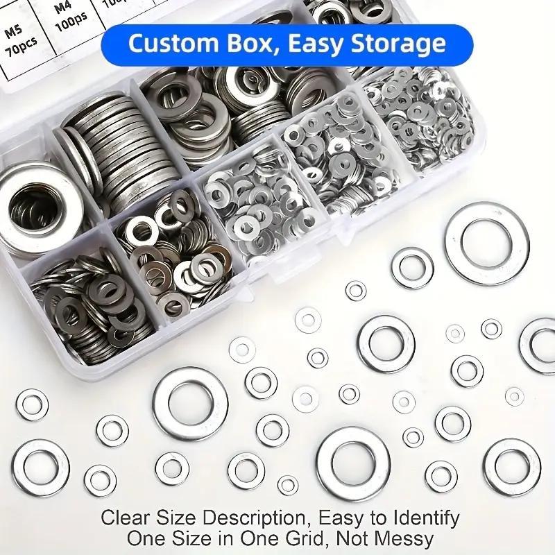 80-580pcs Stainless Steel Flat Washers Assortment Kit, M2 to M12 Sizes for Home Decoration and Outdoor Construction, Perfect for Factories and Shop Repairs