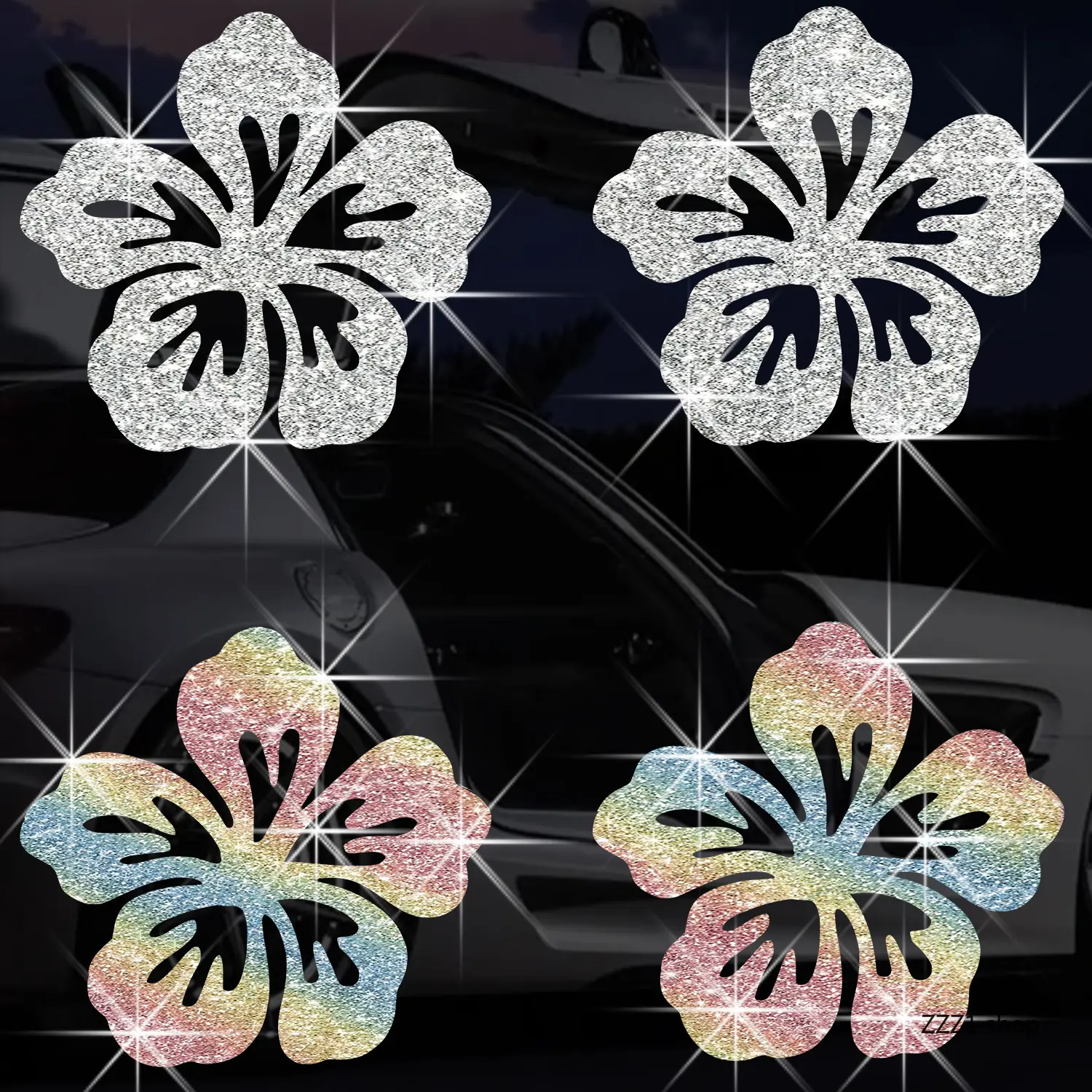Glitter Hibiscus Car Stickers Waterproof Self-Adhesive Tropical Vinyl Decals Rainbow Silver Auto Window Bumper Laptop Decoration Cute Hawaiian Gift