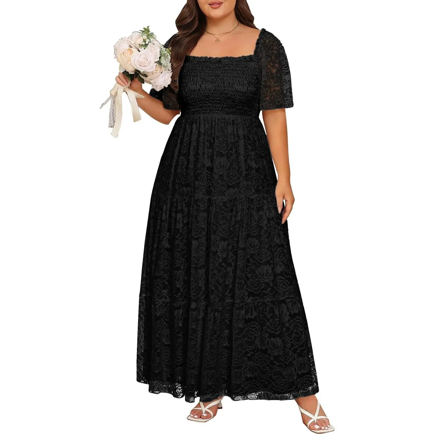 Plus Size Wedding Dress Bride Boho Lace Formal Square  Ruffle Sleeves Long Dresses for Curvy Women