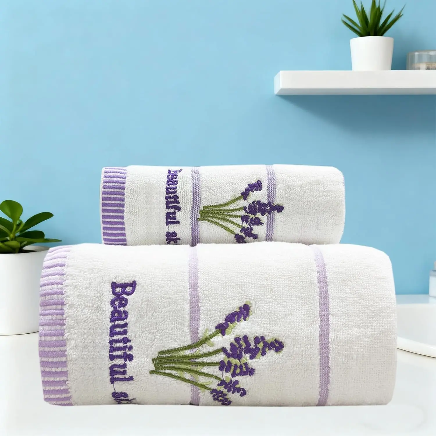 Lavender Embroidery Towel Set, 2pc,Cotton Soft Absorbent Towels  Bathroom, Shower and Gym(1 Bath Towel,1 Hand Towel)