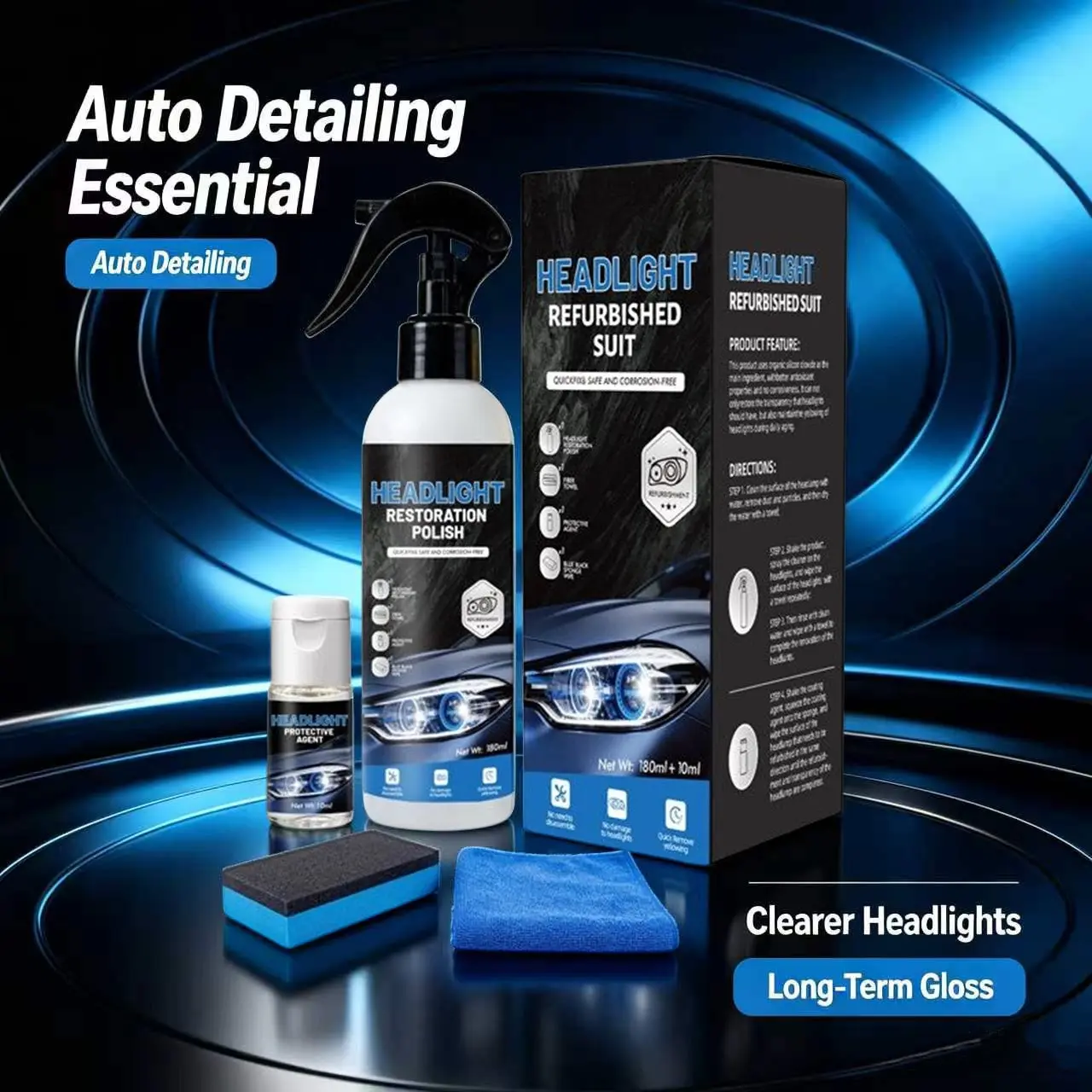 Car headlight repair fluid, oxidized and yellowed car headlights, blurry enhanced crystalline coating refurbishing agent, headlight refurbishment kit, car headlight daily refurbishment cleaning, decontamination, brightening and care agent