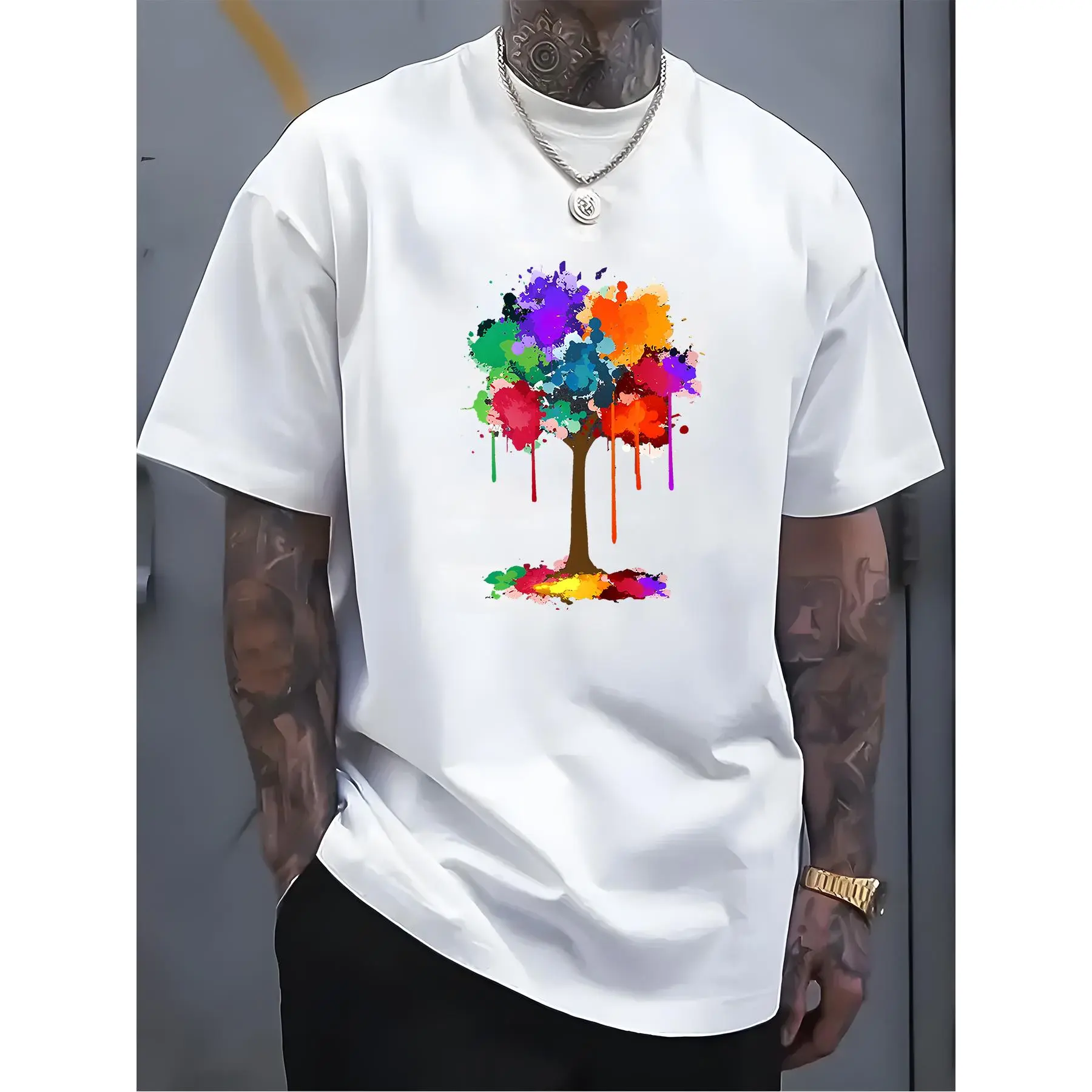 Women's Shortsleeve T-Shirt Top with Vibrant Tree Graphic, Breathable Polyester for All Seasons, Casual Women's Clothes, Outfits