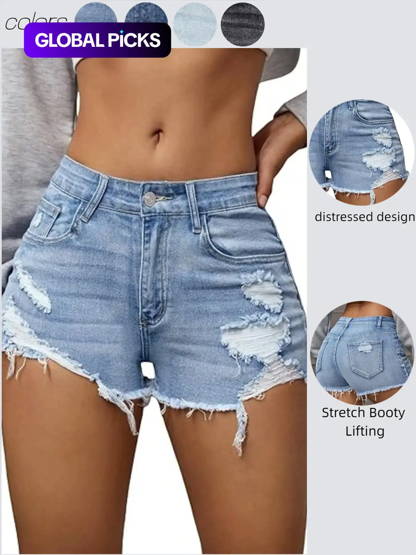 Emery Rose Y2K Style Ripped Raw Edge Light Wash Denim Shorts, Fashion Unisex Clothing, Casual Wear, All Seasons, Plain Pattern #GLOBAL PICKS
