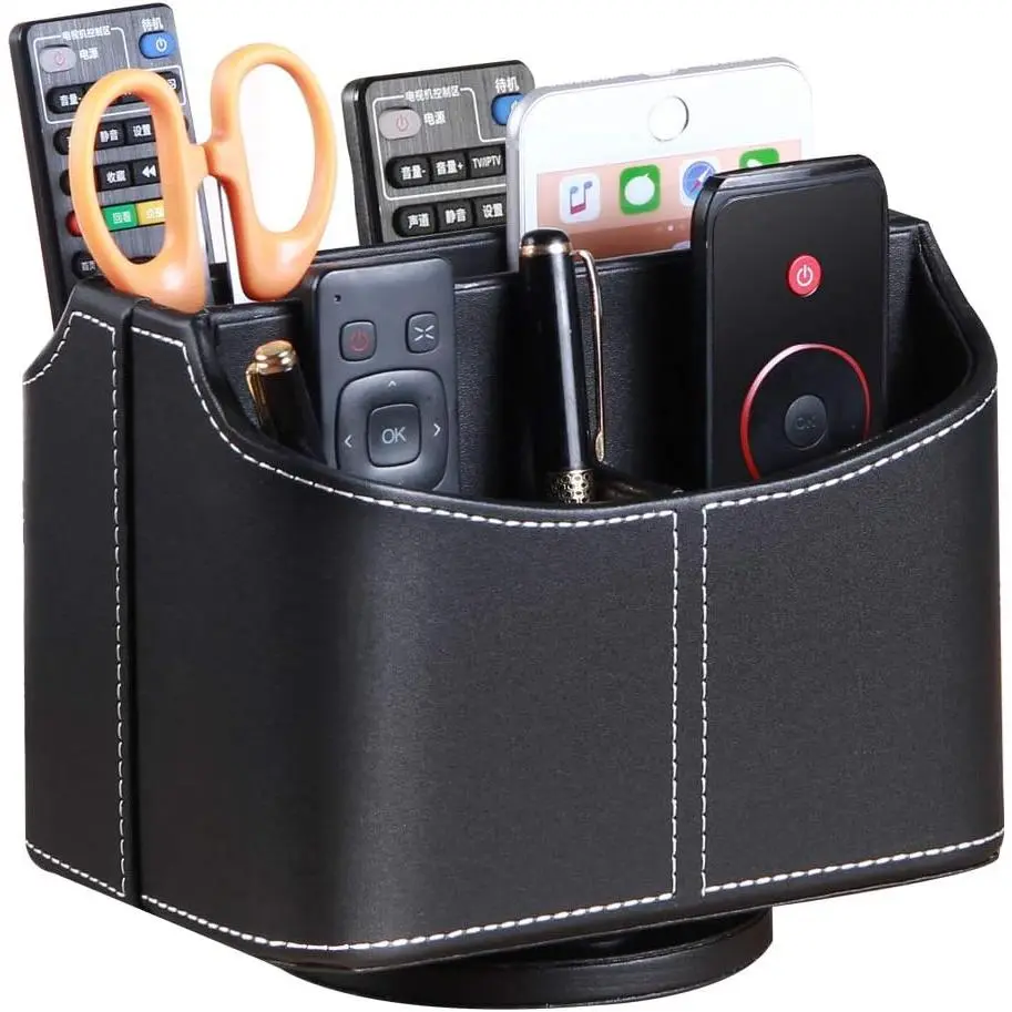 360° Rotatable PU Leather Remote Control Holder, Desktop Organizer for Office Desk or Bedside Table, TV Controllers, iPad, Phone, Pencil and Makeup Storage