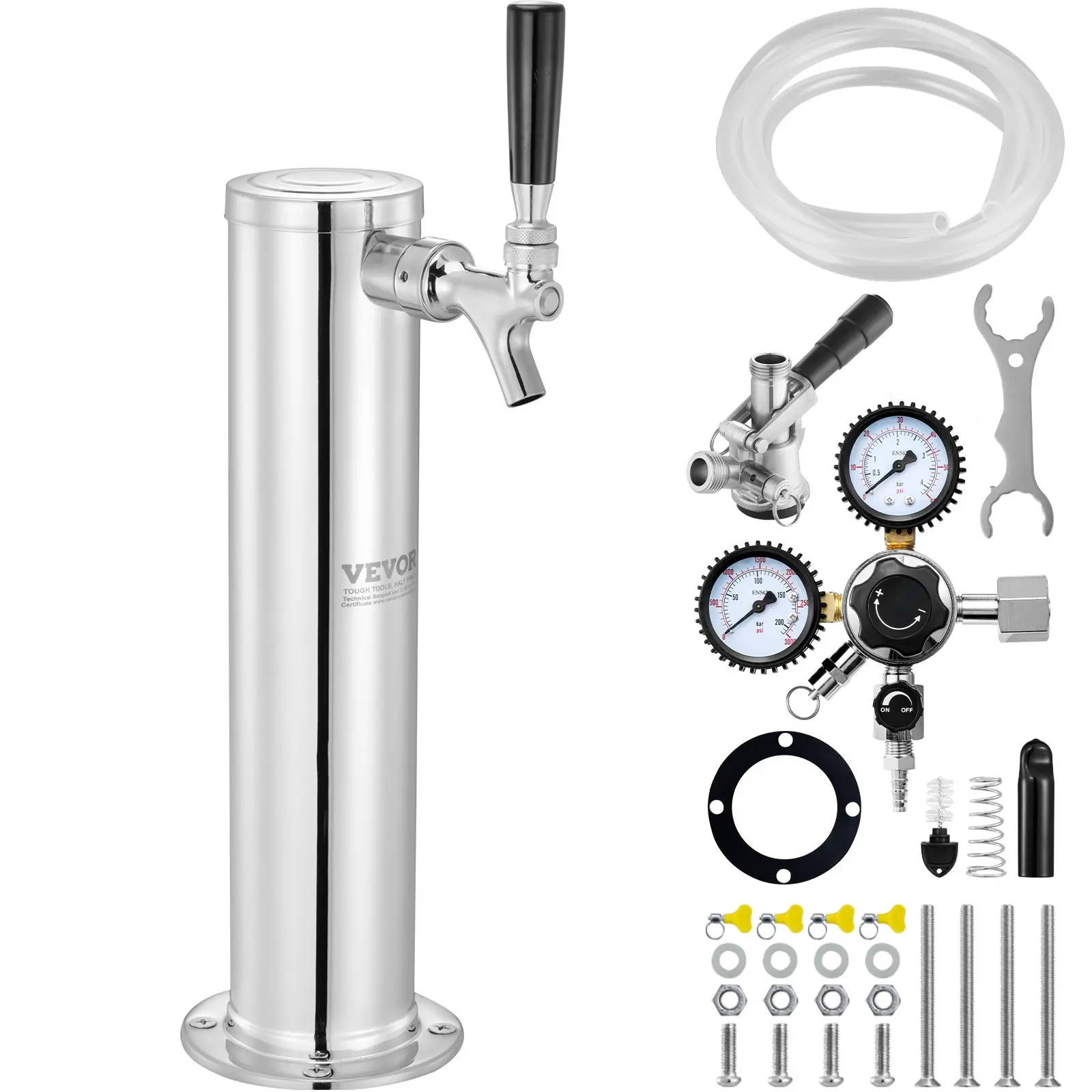 【Summerfinds】VEVOR Stainless Steel Single Tap Kegerator Tower Kit, Beverage Conversion Kit with Dual Gauge CGA320 Regulator, D-System Keg Coupler, Self-Closing Spring, Cover for Home Bar, Clamp, Restaurant, 5Ft Pvc Dispensing Hose