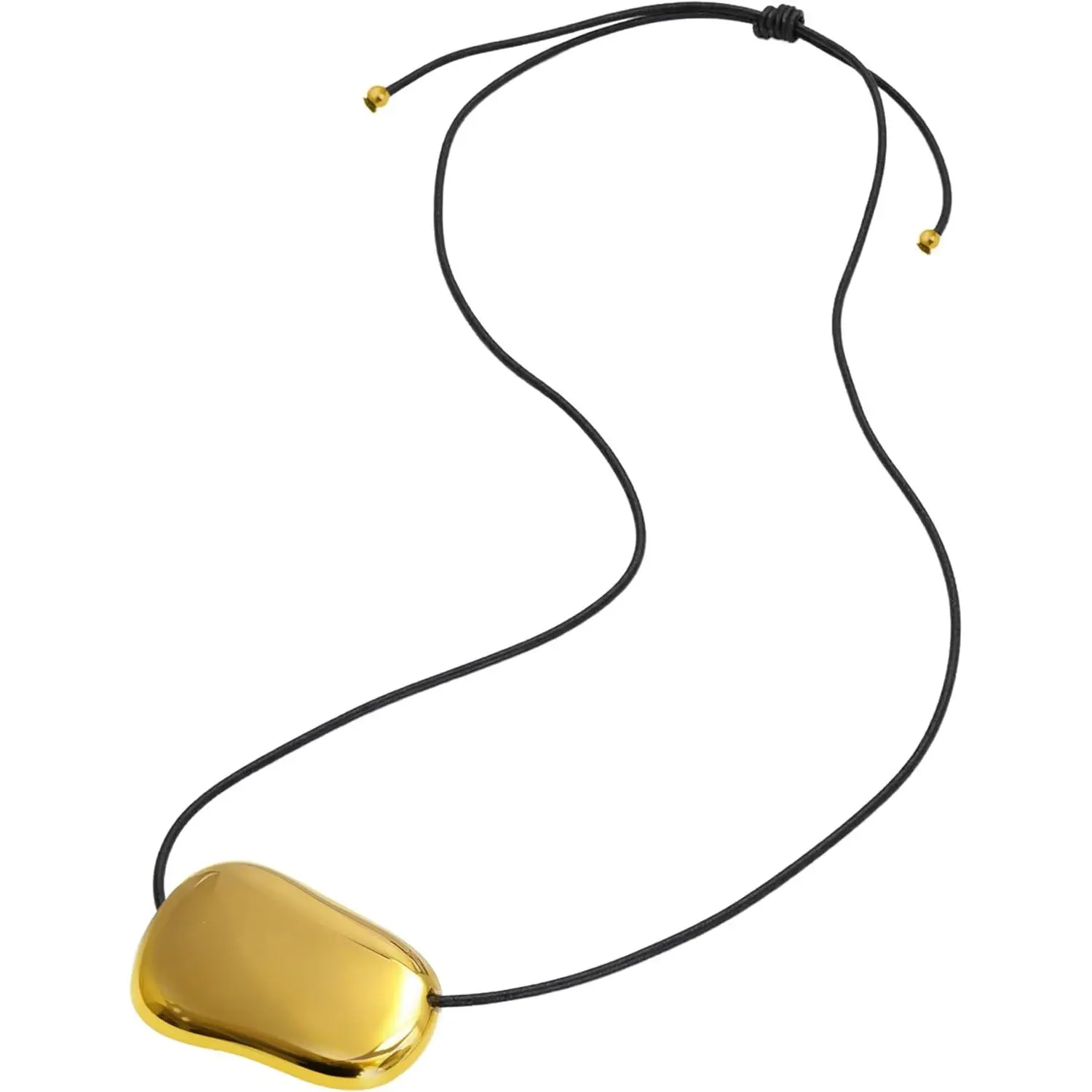 18K Chunky Gold Necklace for Women, Long Pendant with Black Cord, Leather Rope, Bean Necklace, Adjustable 26 Inch