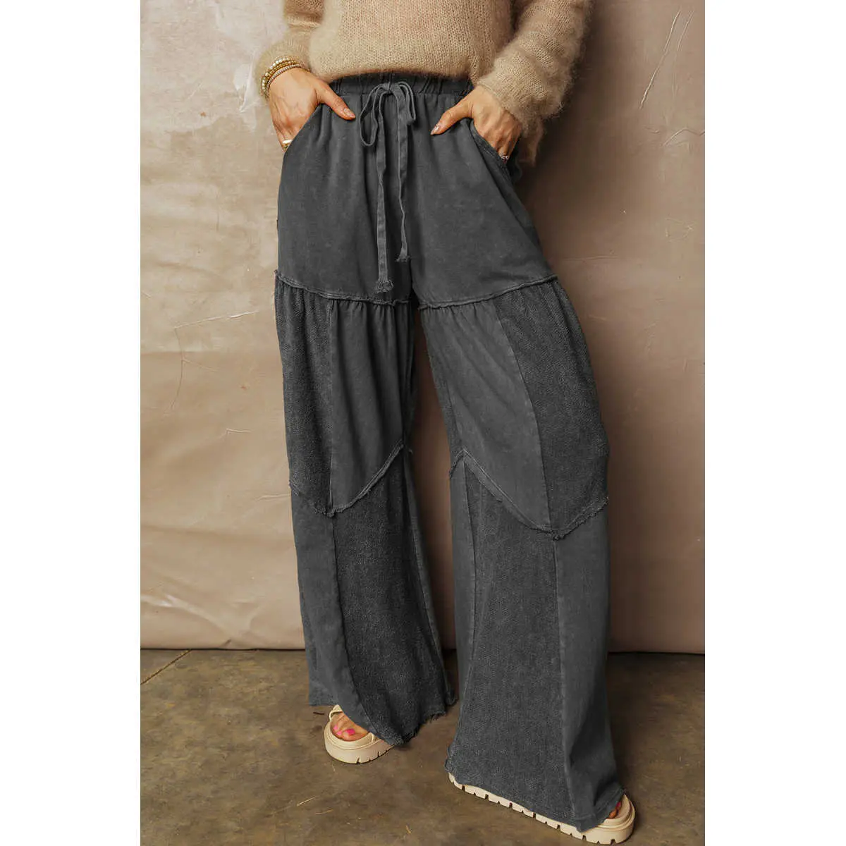 Women's Retro Wide Leg Pants - Casual Mineral Wash Trousers with Tiered Patchwork and an Elastic Drawstring Waist, Bottoms, Loose Fit, Baggy, Comfortable, Casual Wear, Pants For Women, Cotton Blend, Exposed Seams