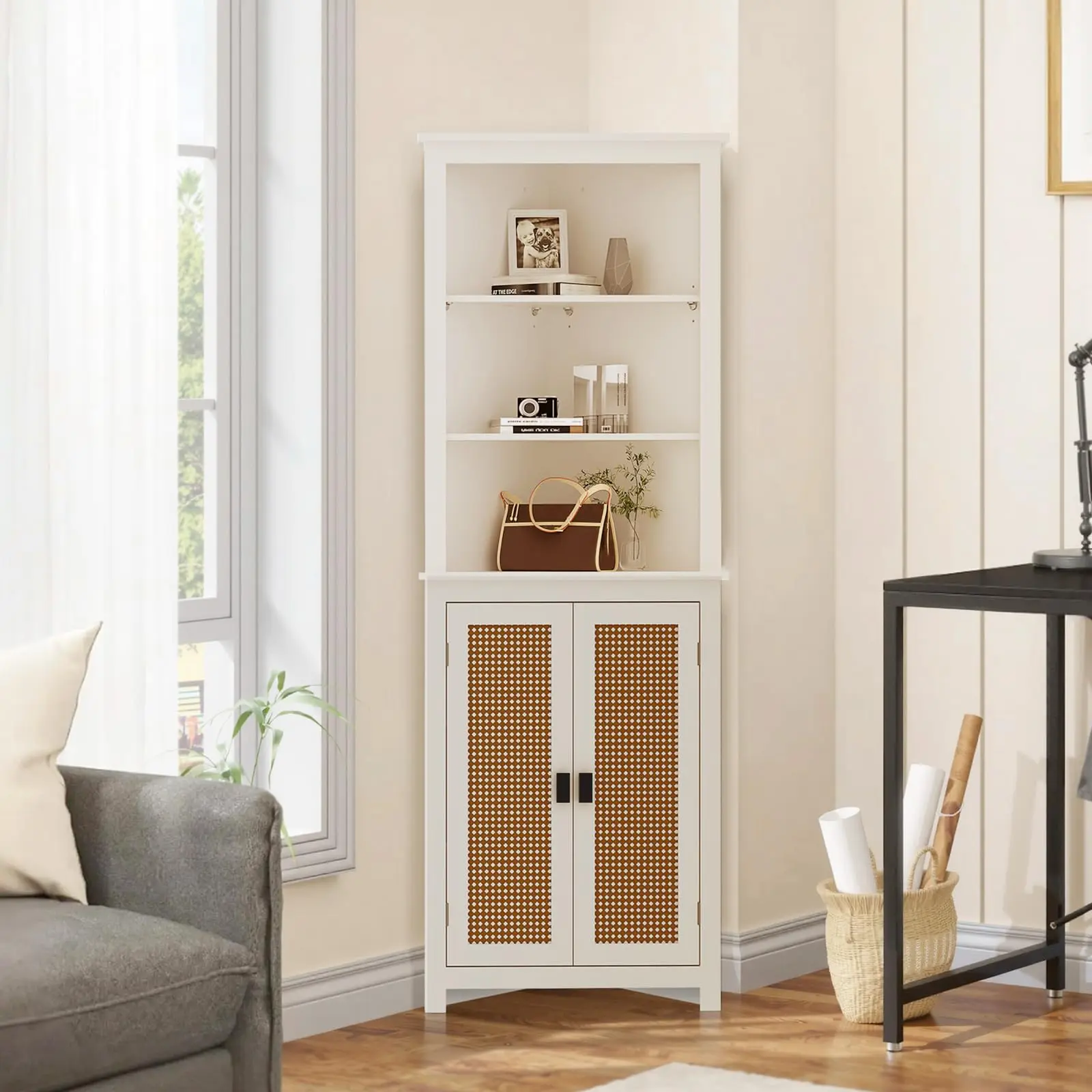 Space-Saving Farmhouse Corner Cabinet – 64" Tall Pantry Hutch with 2 Barn Doors, Adjustable Shelves, Versatile Storage for Kitchen, Dining Room, Bathroom, Laundry – White Finish