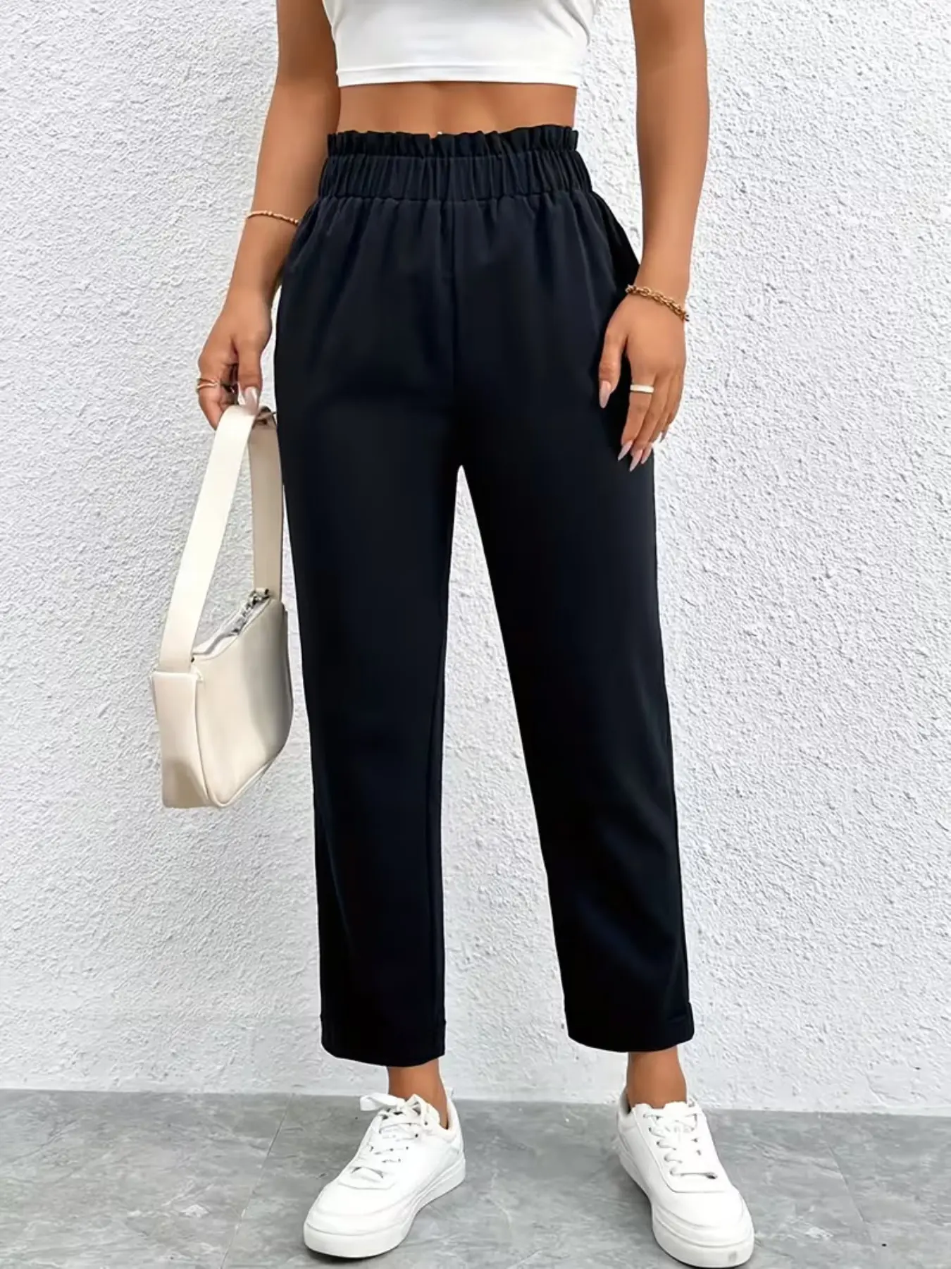 Floral Hem Elastic Waist Nine-Inch Conical Harem Pants, Office Casual Style, Wrinkle-Resistant Satin Fabric, Loose Fit, Slimming Effect