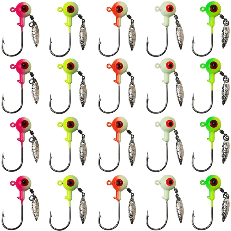 Underspin Jig Heads 20-Piece Fishing Tackle Kit, Multi-Size Glow Dark Artificial Lure with Spinner Hooks for Crappie, Bass & Trout, Artificial Fishing Lure, Crappie Jigs, Hook Lure
