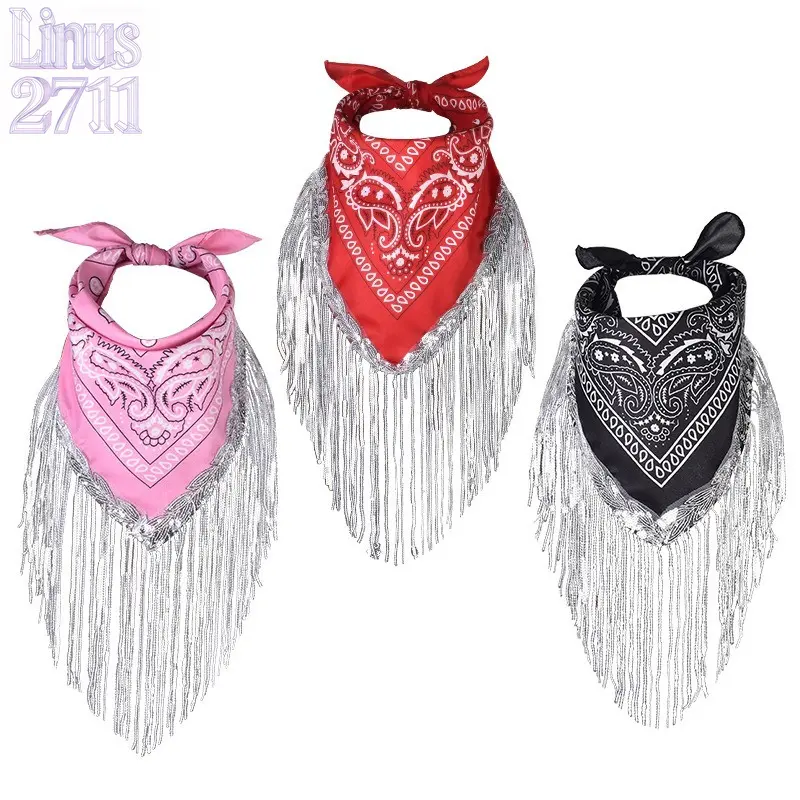 Silver Sequin Fringed Paisley Bandana Red Polyester Triangle Scarf Bling Glitter Tassel Multi-function Head Neck Wrap Hip Hop Party Dance Stage Accessory