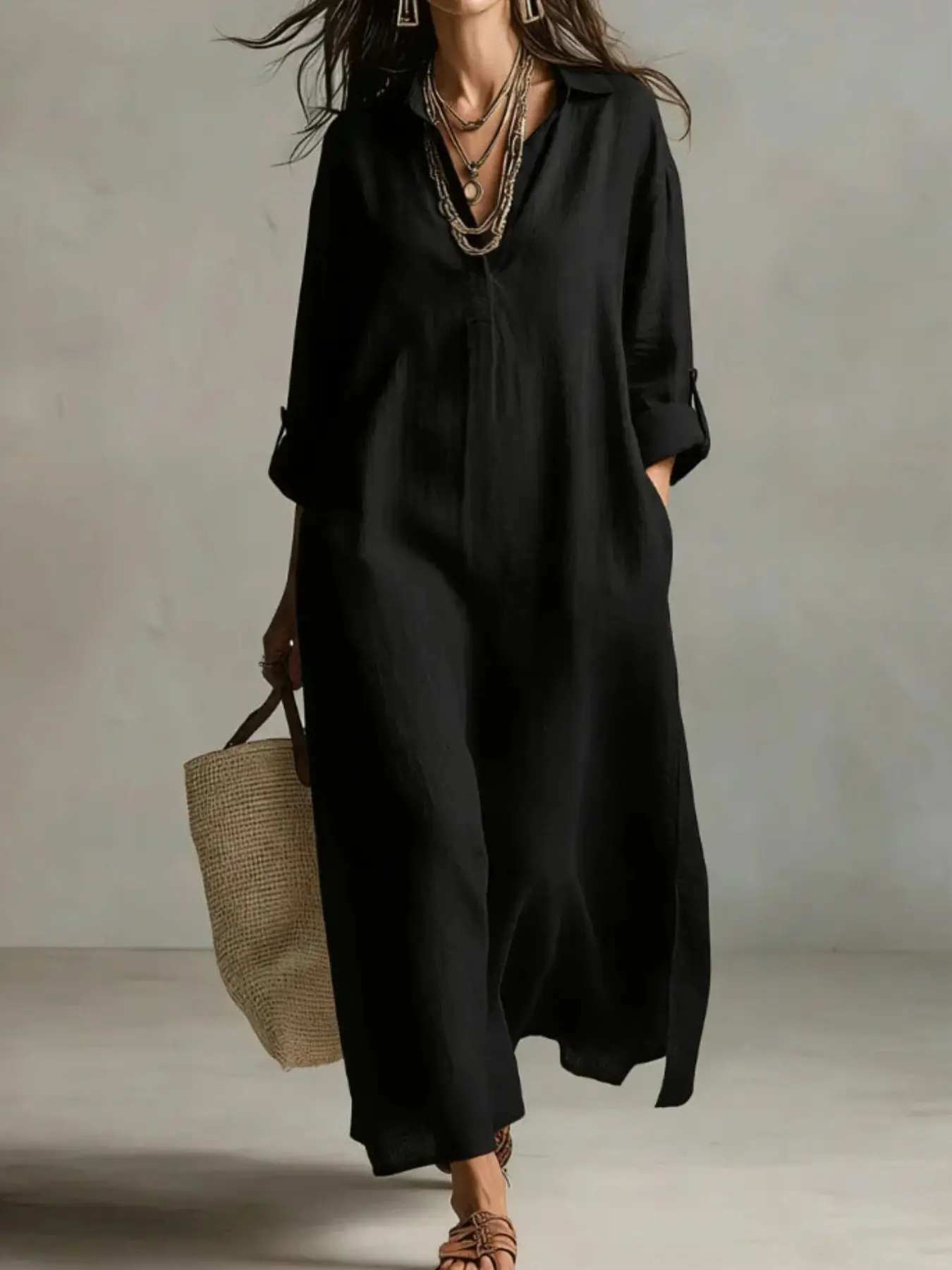 Elegant Loose Fit Dress, Pure Color Turn-Down Collar Shirt Dress, Lazy Style Dress for Women, Spring Summer 2026 New Arrival