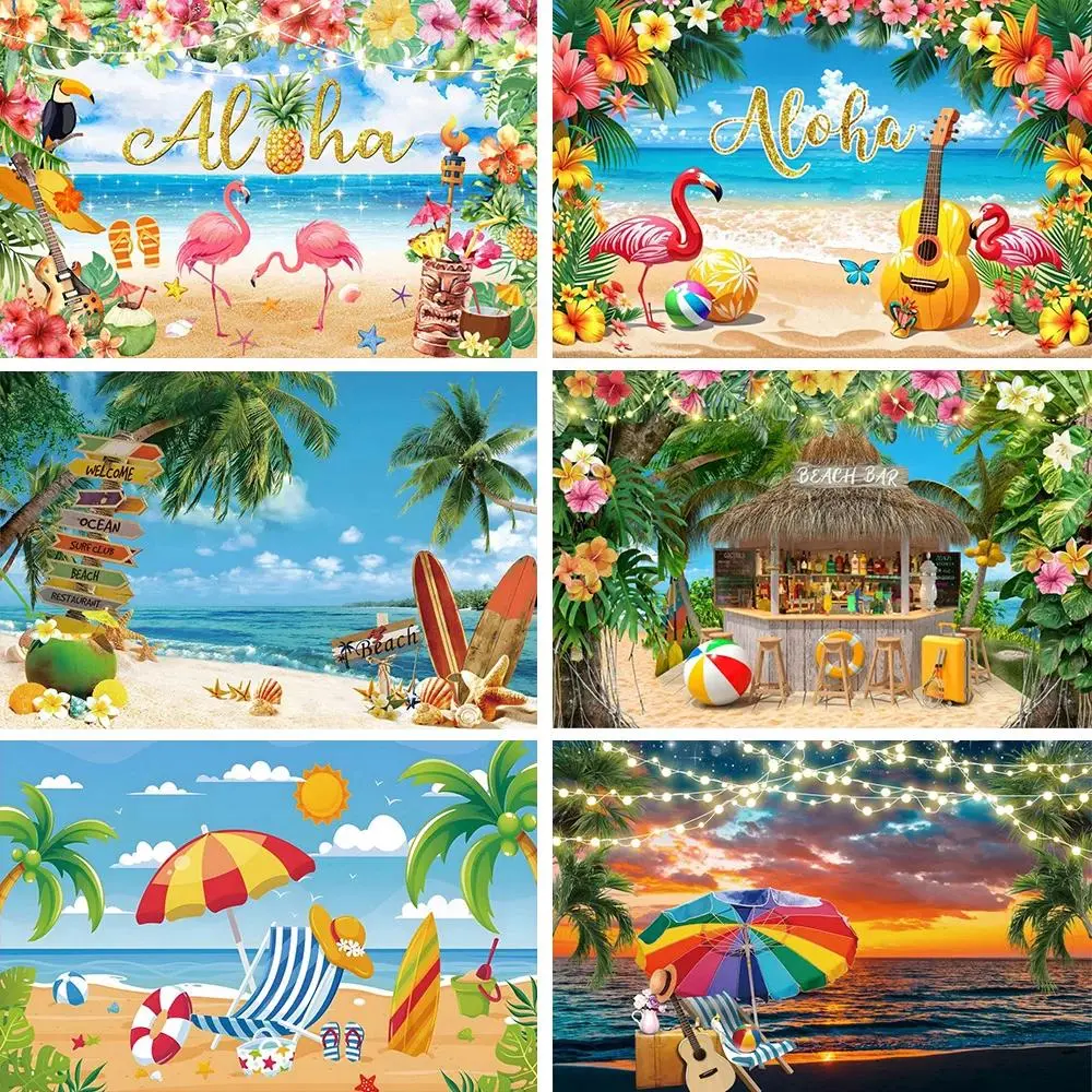 Lightweight Hanging Tropical Hawaii Beach Backdrop Kit, Summer Aloha Luau Themed Decor with Flowers, Sea & Surfboard, Festive Party Photography Props for Holiday & Birthday Events