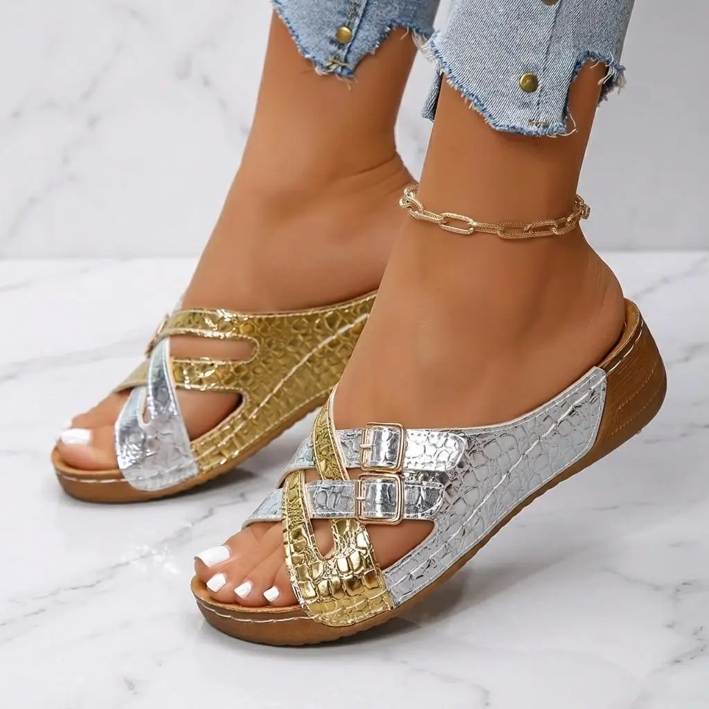 Women's 2026 Summer New European Chic Contrast Color Round Toe Plain Thick-Soled Slip-On Sandals - Golden/Silvery PU Sole Platform Breathable Casual Footwear for Daily Wear, Large Sizes