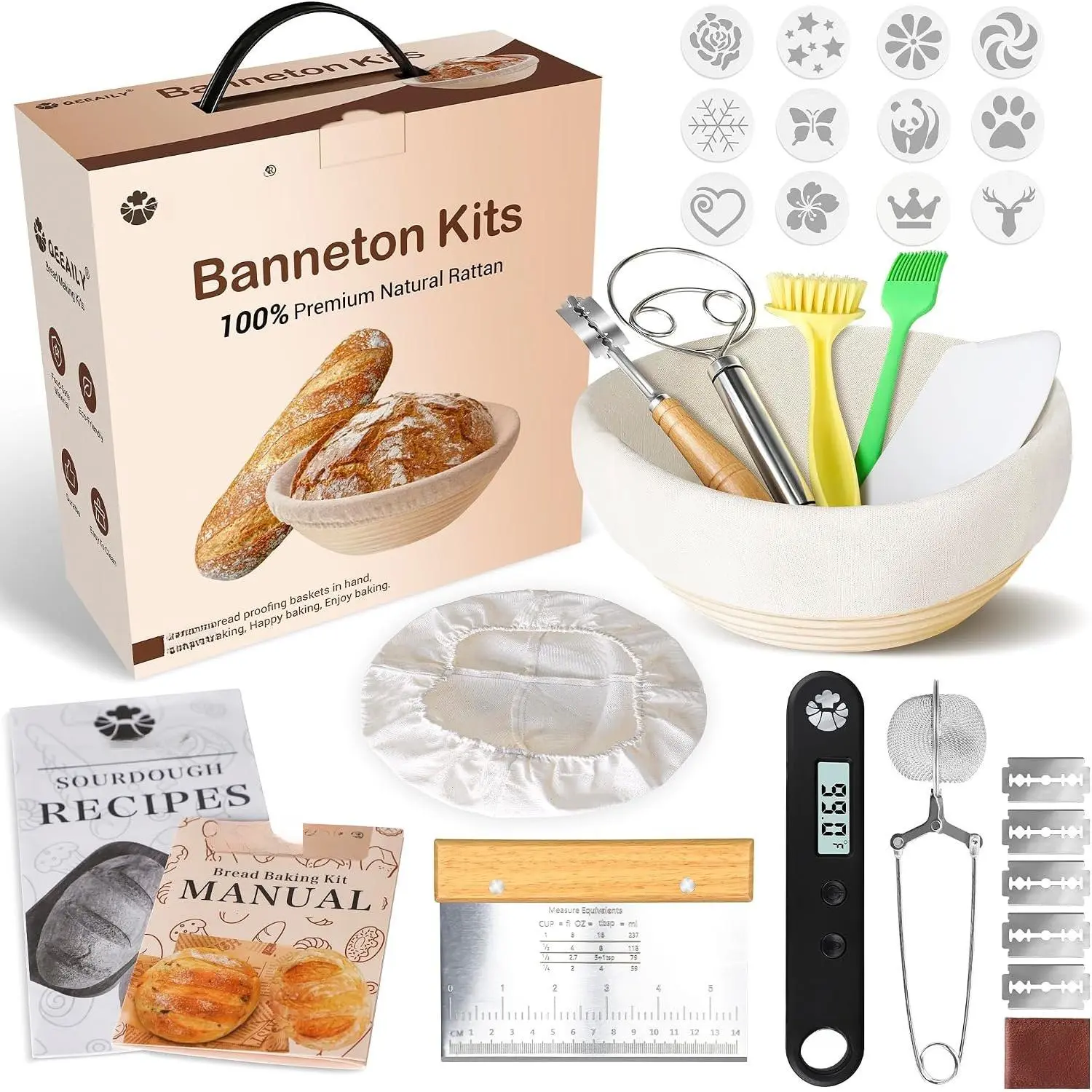 banneton bread proofing basket Kit with  thermometer, 9 Inch Round  Rattan sourdough banneton basket, sourdough bread baking supplies with bread scoring tool & banneton basket