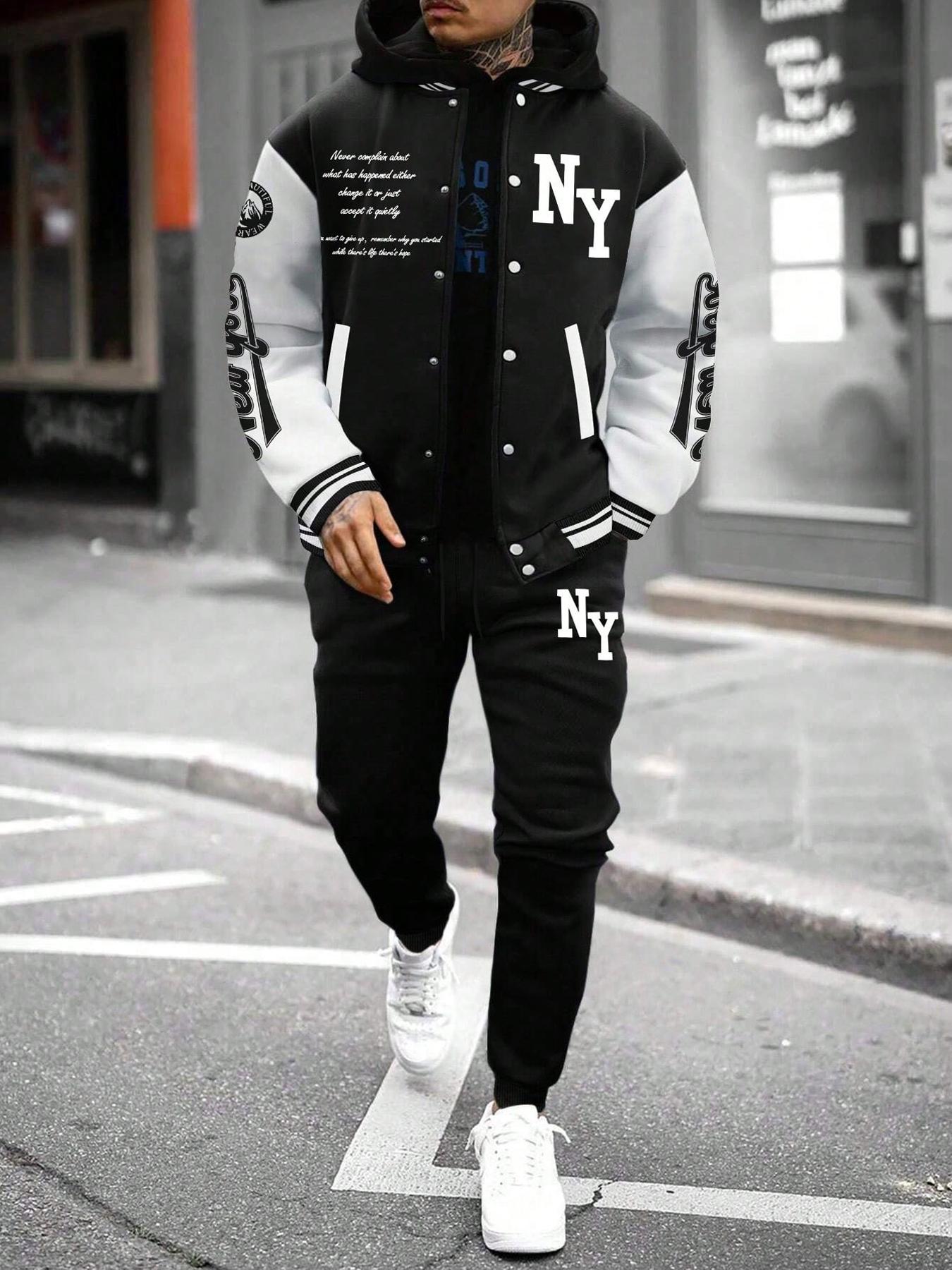 Two-Piece Set Matching Sets Men's Colorblock Letter Print Button Front Jacket & Drawstring Waist Sweatpants, Regular Fit Casual Long Sleeve Outerwear & Pocket Jogger Pants for Daily Wear, Men's Outfits for Fall & Winter