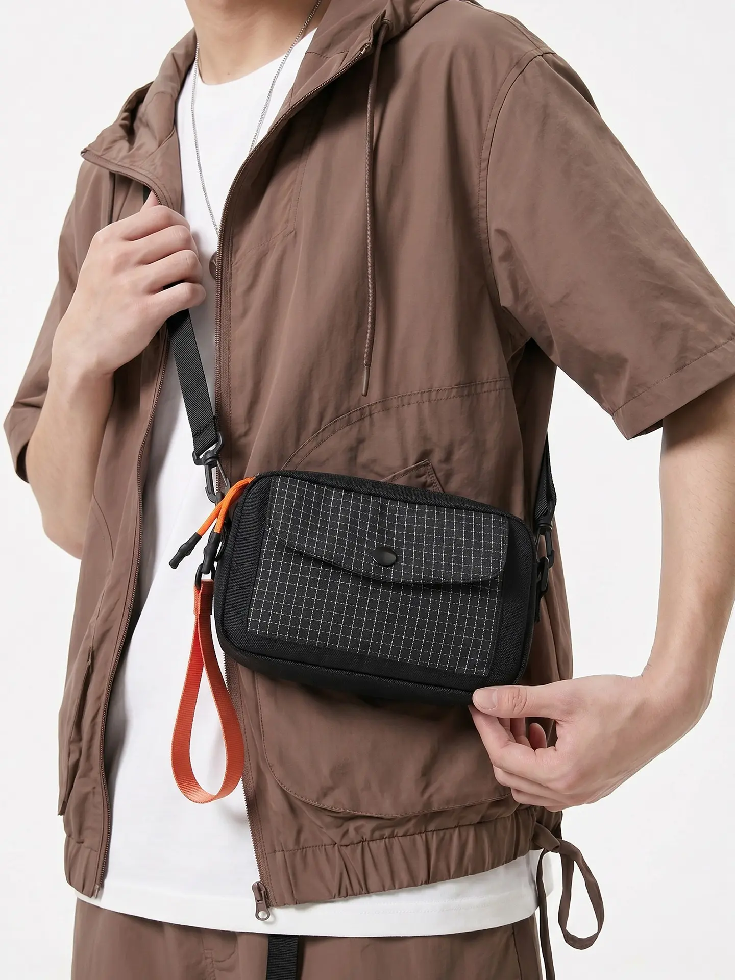 Grid Webbing Small Crossbody Camera Bag, Crossbody Messenger Bag, Multi-Layer Lightweight Nylon Workwear Style, Unisex Casual Phone Pouch, Trendy Outdoor Commute Backpack