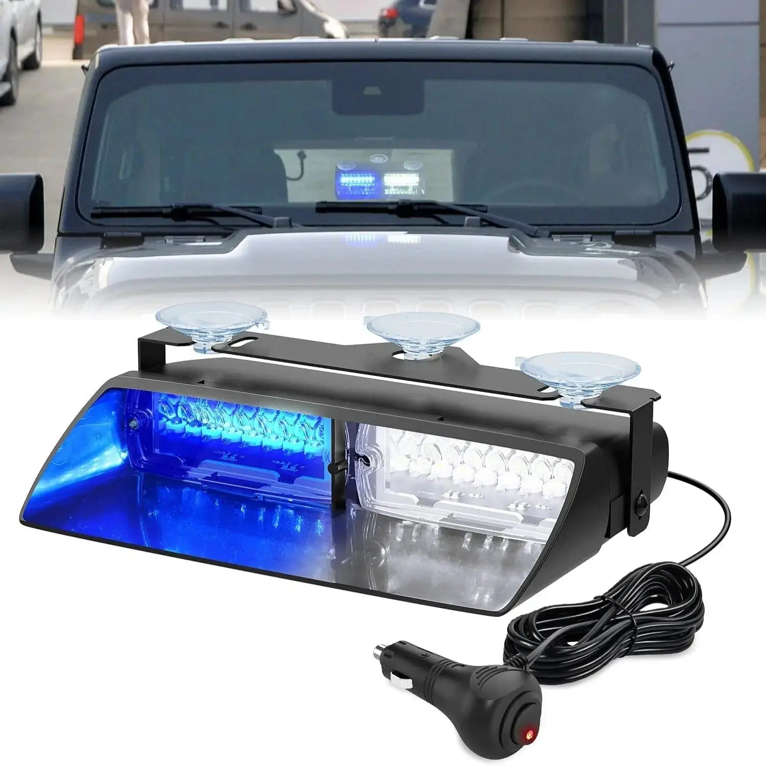 Nilight 8-Inch 16-LED Suction Aluminum Windshield Hazard Strobe Module, Blue & White 12V Cigarette Plug 18-Pattern Selectable Bar for Automotive & Fire Trucks Accessories