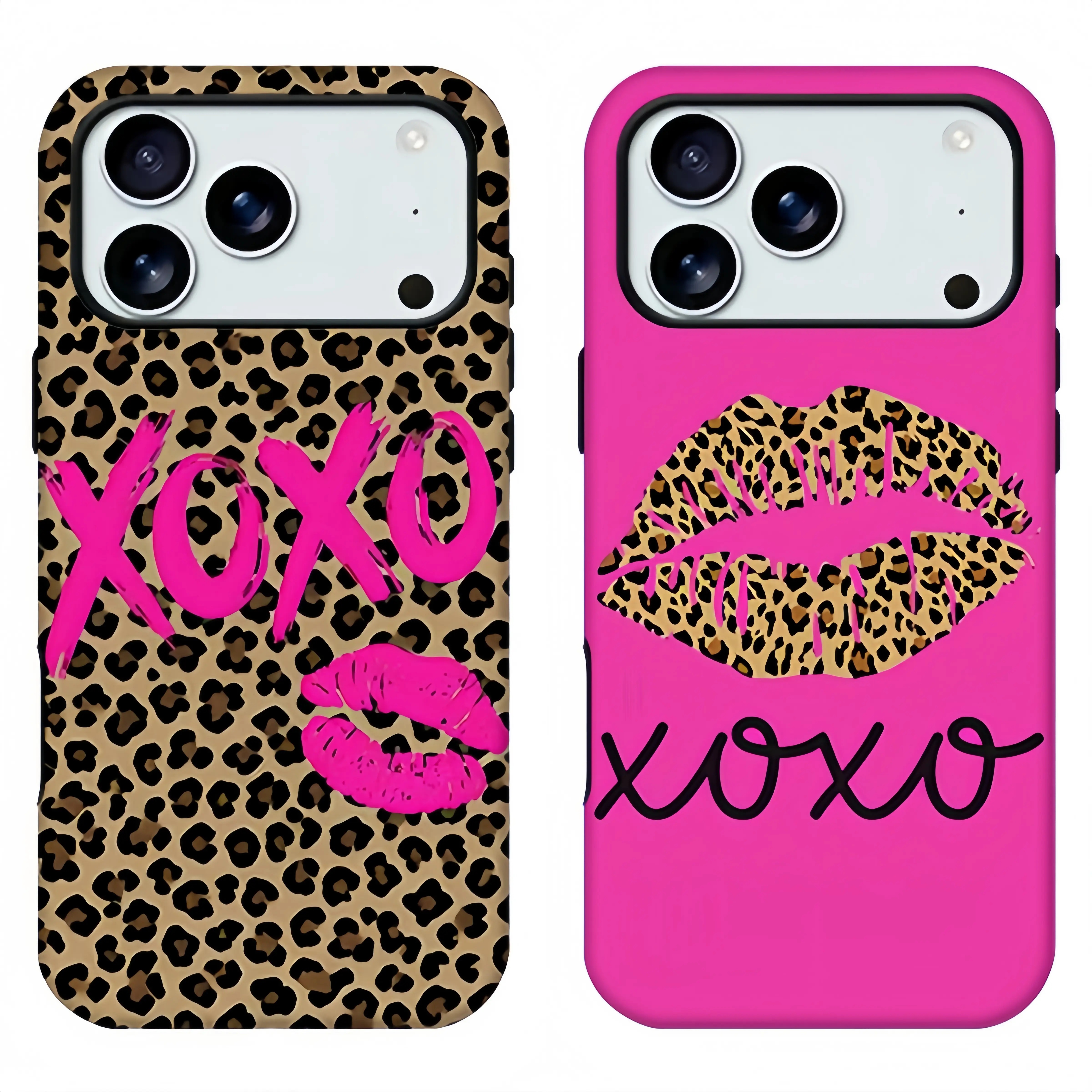 Hot Pink Leopard Print XOXO Lips Phone Case,Trendy Preppy Street Aesthetic Phone Shell,Brush Stroke Kiss Lip Graphic Y2K Coquette Girly Print Shockproof Protective Cover For iPhone 11-17 Pro Max, Samsung S21-S26, Stylish Girly Gift