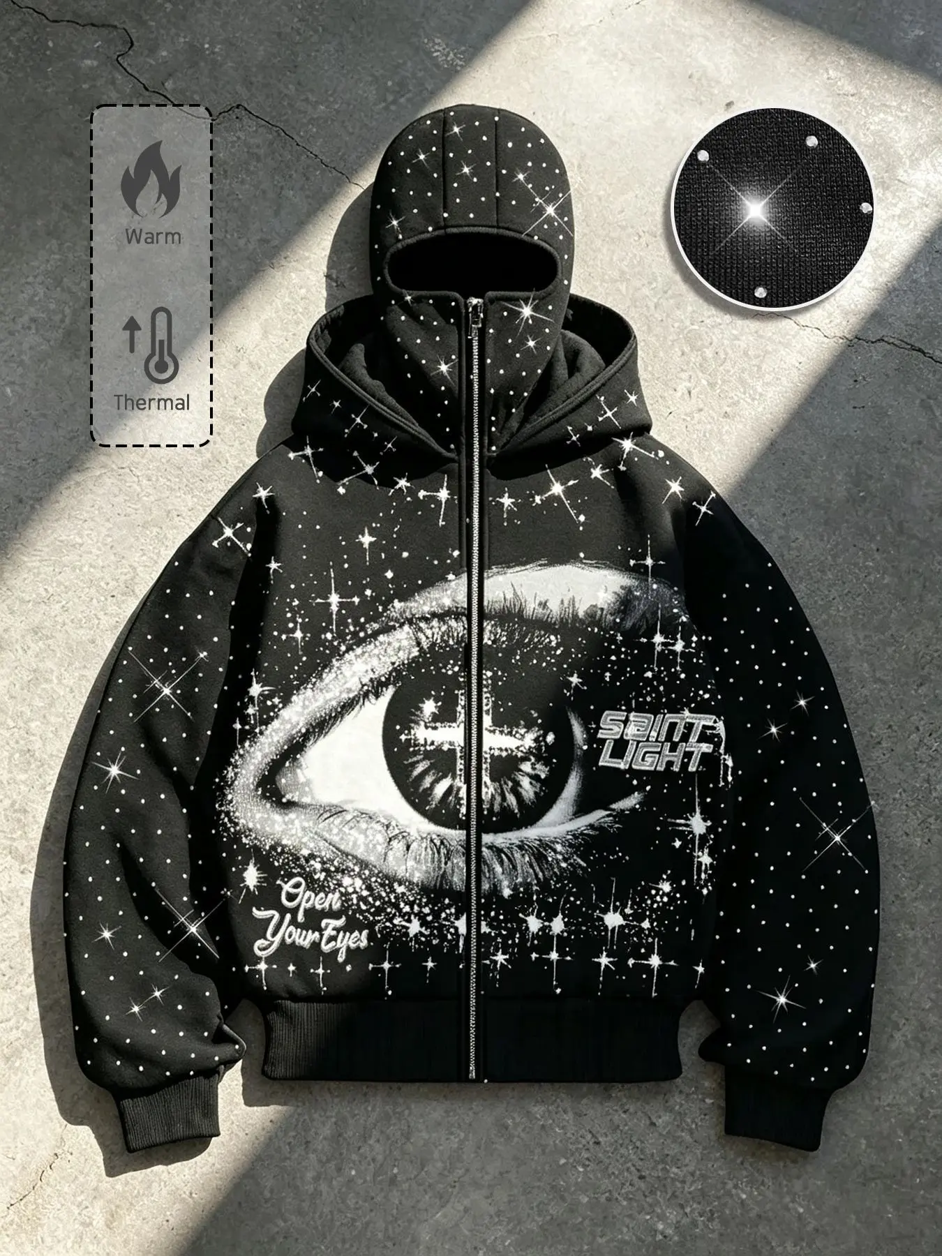 Y2K Street Retro Starry Sky Rhinestone Eye Zipper Sweatshirt, Fleece Zipper Hoodie, Casual Streetwear Hoodie, Graphic Print Hoodie, Black Full Rhinestone Fleece Lined Men's Jacket, Fleece Lined Men's Sweatshirt, Autumn and Winter Casual Outing Top