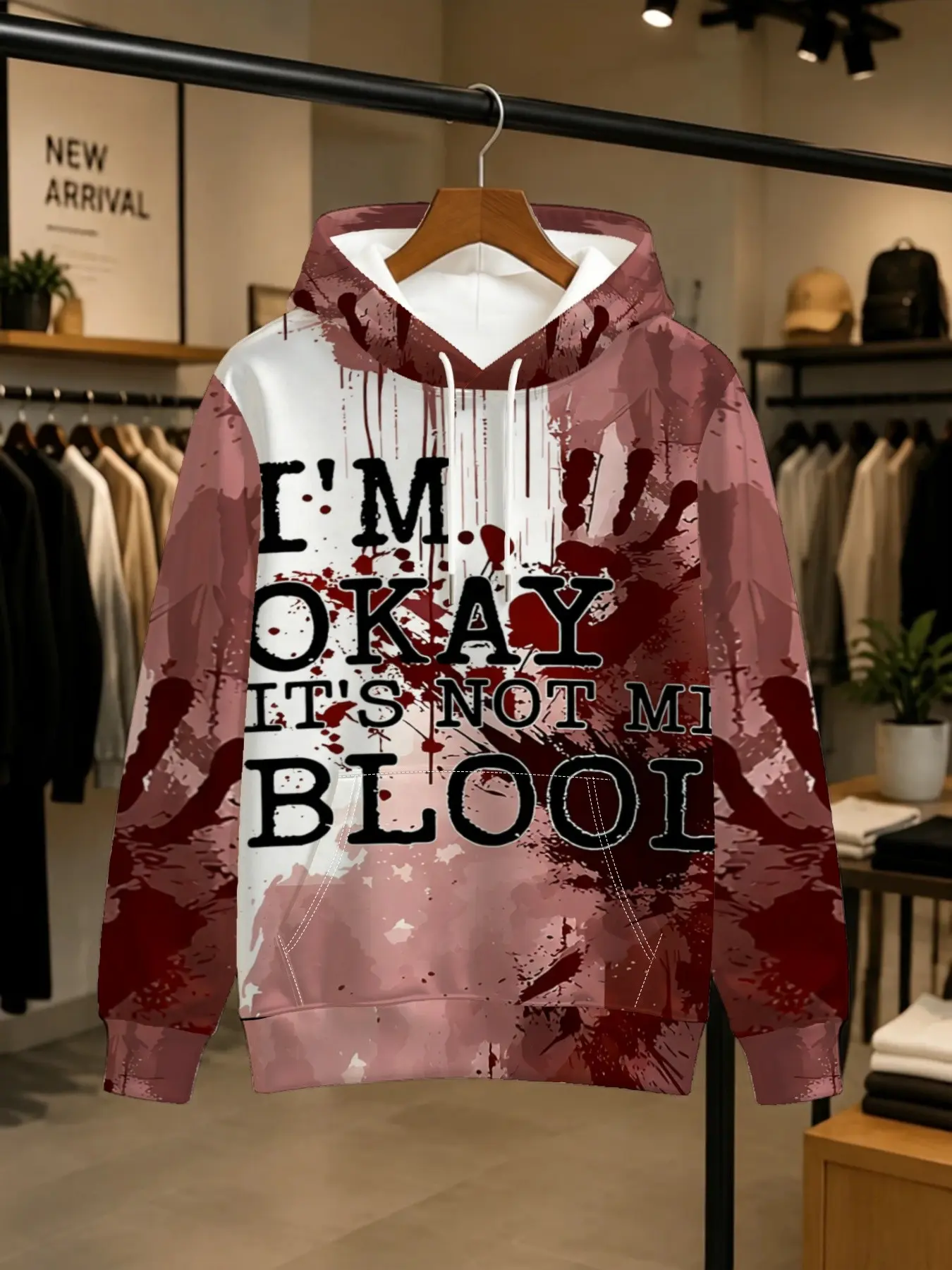 Men's 3D All Over Print Hoodie Blood Handprint Text Pattern, Halloween Horror Street Style Loose Pullover Sweatshirt, Men's Hooded Sweatshirt, Men's Casual Fashion Hoodie