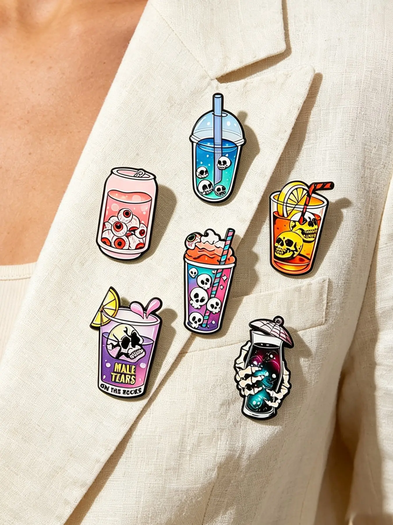 6 Cartoon Horror Drink Pins, Sleeve Badge, Eye Skull, Halloween Jewelry, Creative Metal Badges, Juice Can Skeletons