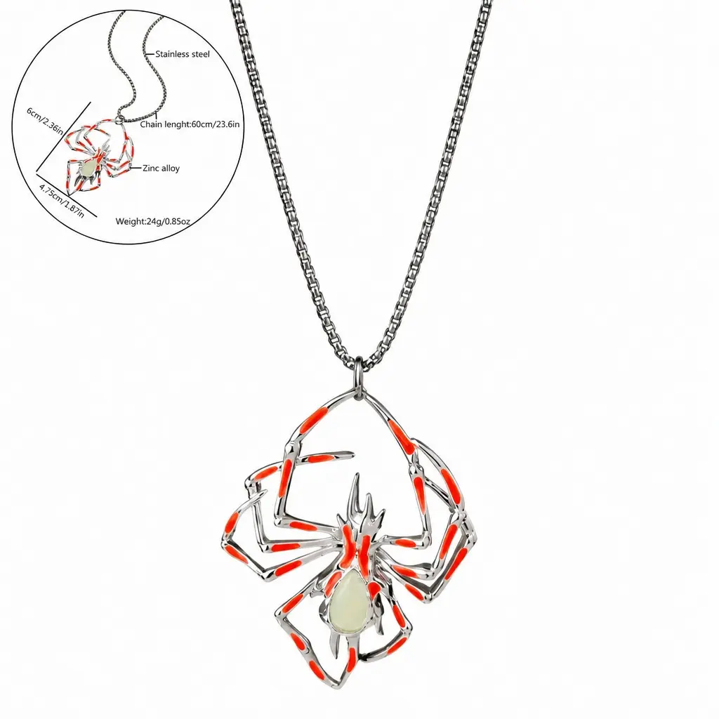 Glow In The Dark Spider Necklace, Gothic Punk Y2K Aesthetic Pendant Necklace, Stainless Steel Adjustable Chain Retro Dark Style Jewelry, Hollow Out Red Resin Spider Neck Accessories, Trendy Streetwear Casual Party Goth Jewelry Gifts for Women Men Teens