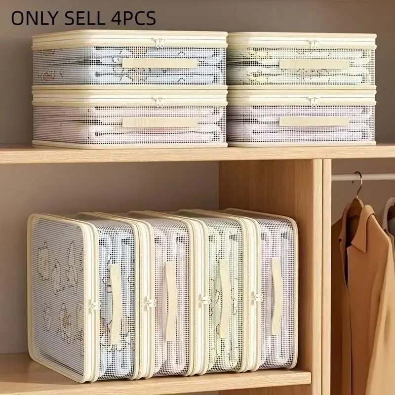Foldable Bed Sheet Storage Bag Set (4 Pcs) with Strong Zipper, Large Capacity Blanket Organizer for Closet and Cabinet, Space-Saving Fabric Clothes Bag