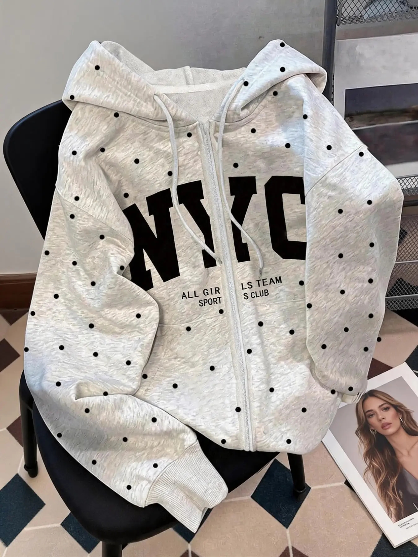 Women's Polka Dot Hooded Long Sleeve Zip Up Jacket, Fall Winter Casual Campus Style Letter Print Open Front Sweatshirt Outerwear Casual Print Hoodie