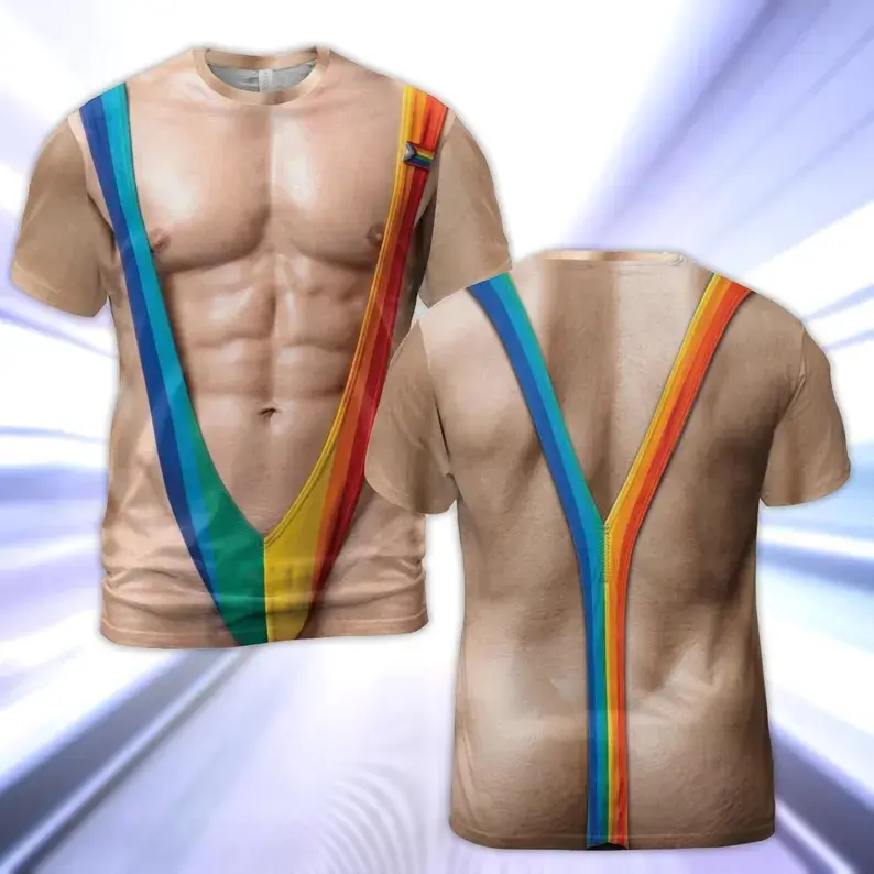 Men's Novelty Muscle Chest Harness Shirt, LGBT Flag Tee, Funny Hairy Body Graphic T-Shirt, Gay Pride Festival Party Outfit Gift for Him