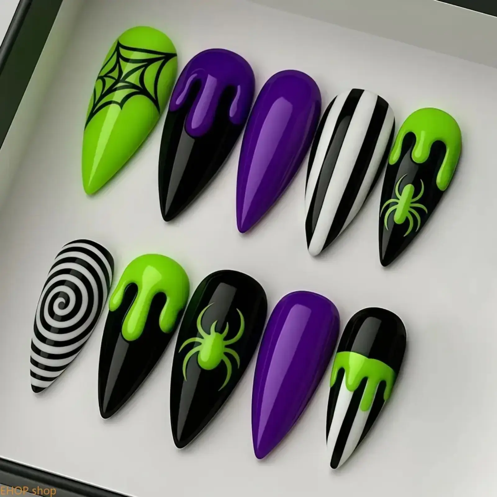 30Pcs Long Almond Press On Nails Y2K Gothic 3D Spider Venom Relief Fluorescent Halloween False Nails Hand Painted Black White Spiral Reusable Easy Apply Nail Art For Party Costume Daily Wear