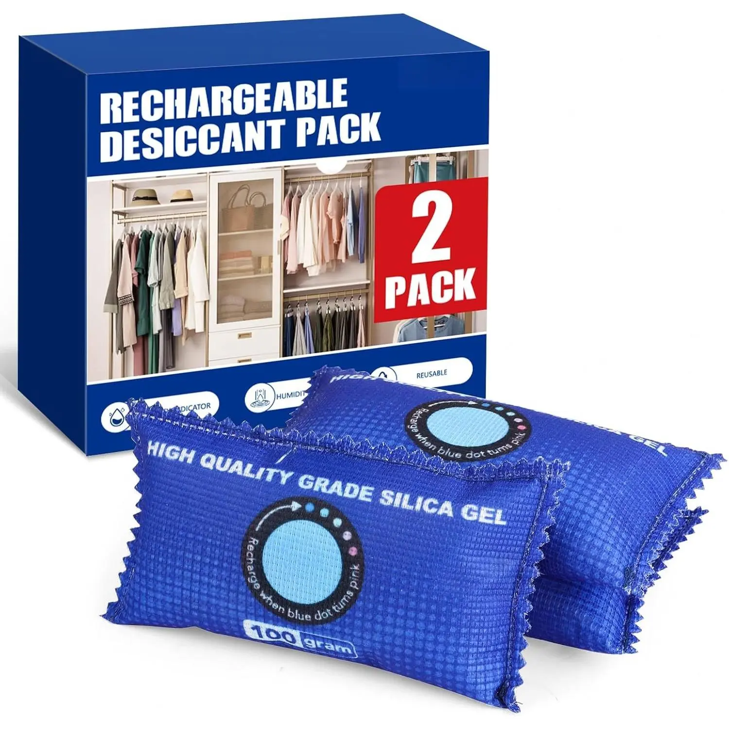 2-Pack Rechargeable Color-Indicating Silica Gel Dehumidifier Bags, 100g Each Blue Synthetic Compact Practical Desiccant Packs for Closet Use, Storage Bins, Humidity Control