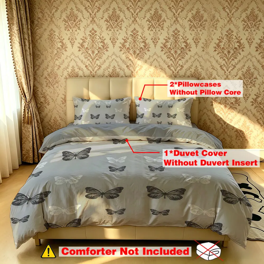 A set of three grey butterfly-patterned duvet covers and pillowcases, Duvet cover sets, suitable for single beds, double beds, and can be used in bedrooms, dor